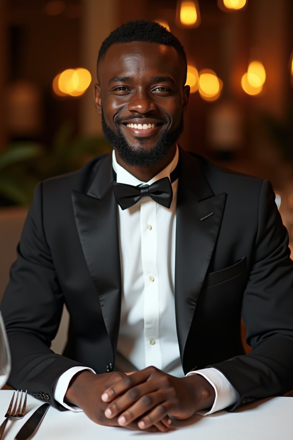 Full-body front view shot of man enjoying a luxury gala dinner, dressed as  a formal dinner jacket with a crisp white shirt. High end luxury restaurant.