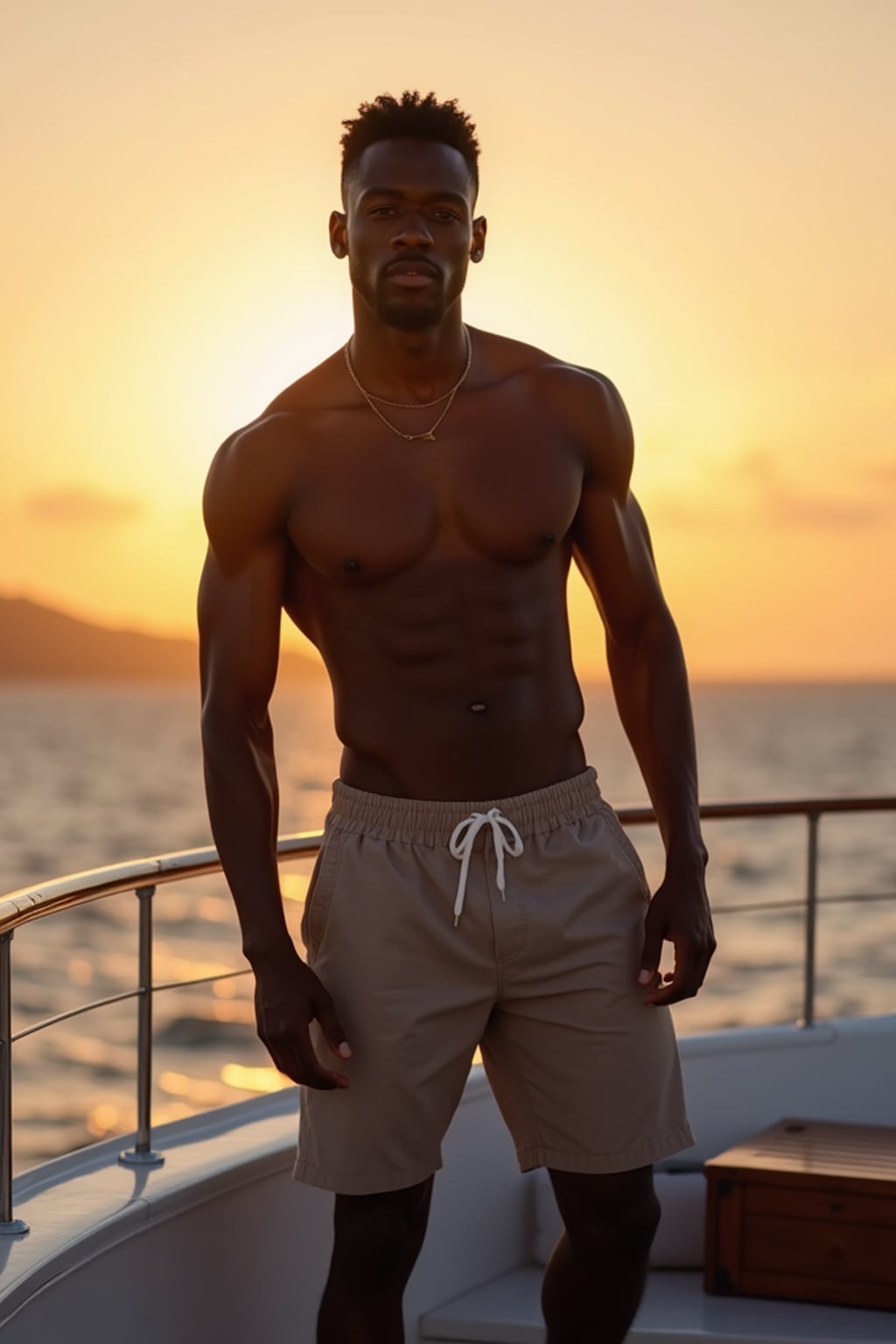 Full-body shot of man posing confidently, on a private yacht with the sunset in the background. Golden hour lighting.