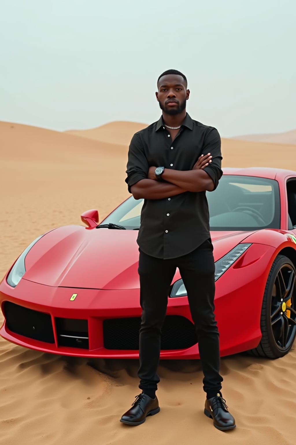 full-body shot of a confident man standing next to a red luxury ferrari sports car in a desert setting.