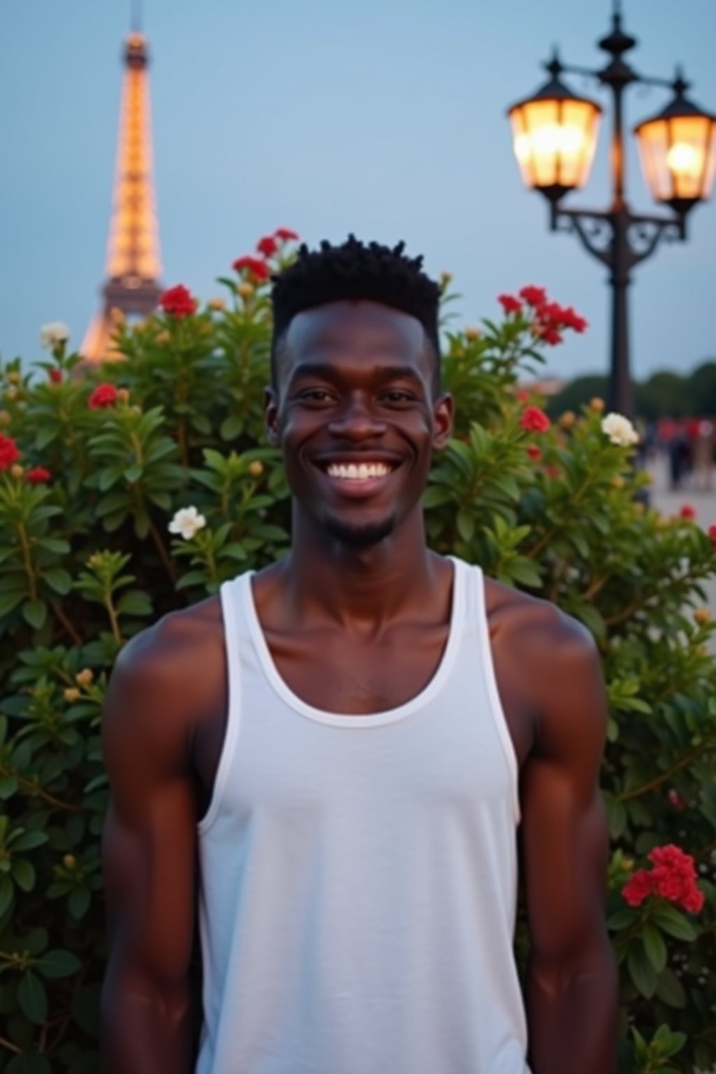 front view of man wearing  white tank top the man is smiling and positioned in front of a lush green bush adorned with red and white flowers. in the background, there is a lit-up eiffel tower and a classic lamp post against a clear evening sky.