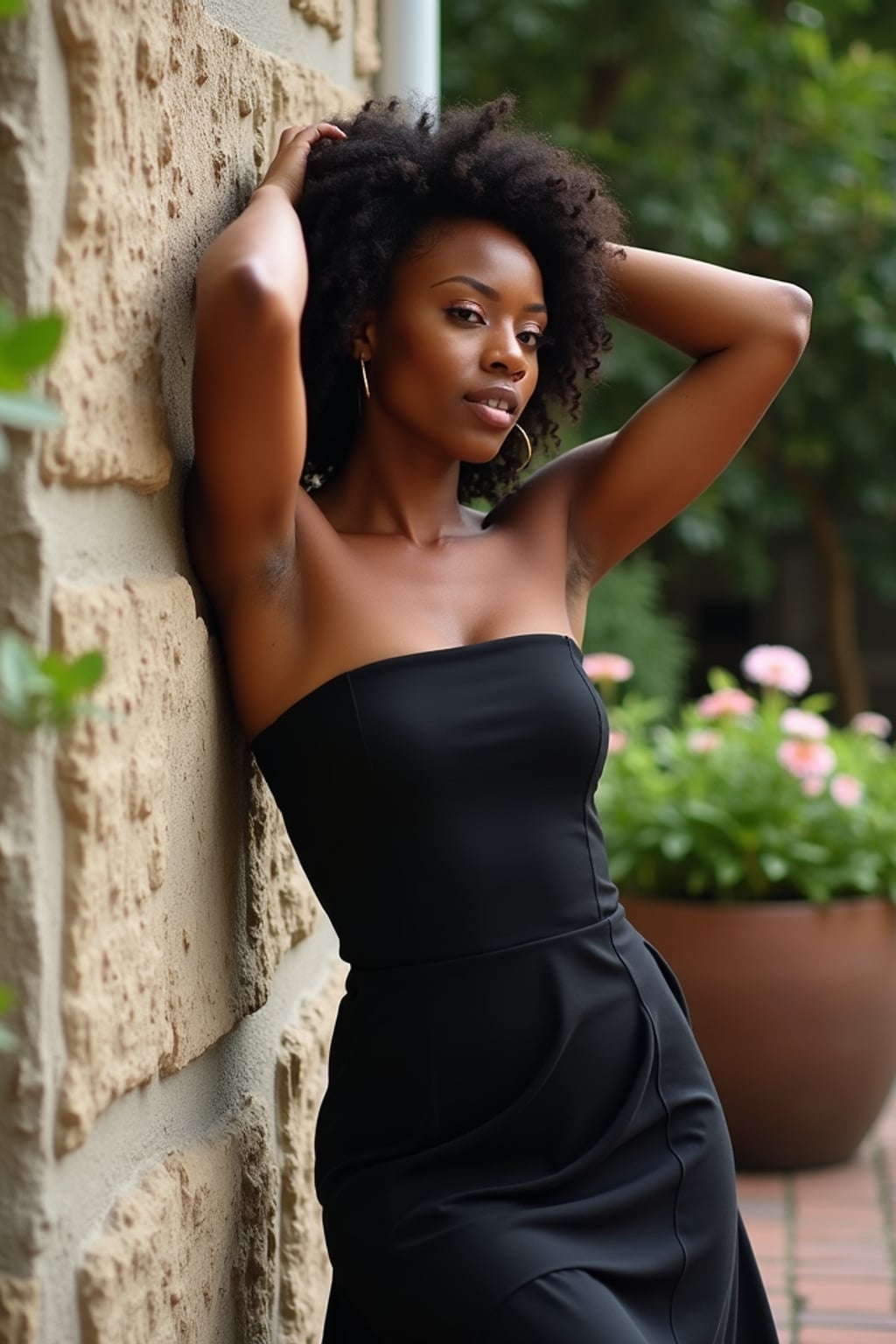 full body photo of man leaning against a textured wall outdoors. The man is wearing a black, strapless dress. The man's arms are raised with hands resting on the back of the head. The background features greenery and a planter with flowers, creating a serene garden setting. The man is facing forward with a relaxed expression.