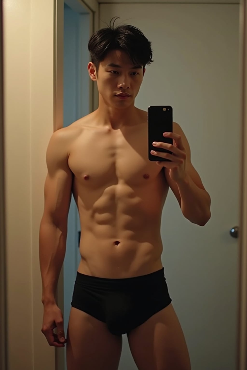 seductive man wearing  boxer shorts, doing mirror selfie, holding iPhone, full body, their reflection captured in a sultry pose. the photo emphasizes their exaggerated, idealized body shapes.