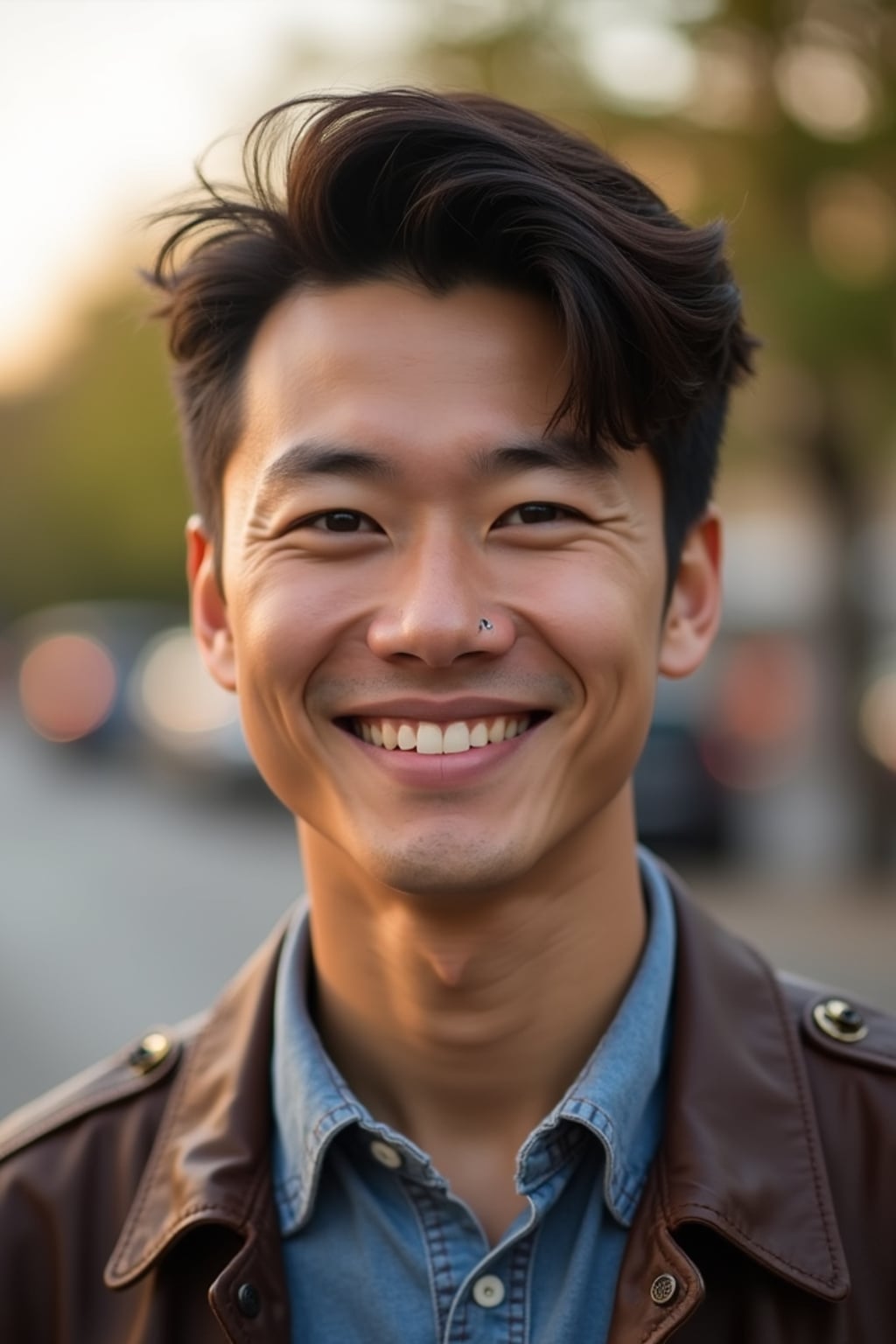 headshot of smiling man wearing casual clothes posing for dating app headshot. outdoor blurry background. the lighting is warm, possibly from a setting sun, creating a soft glow around him, enhancing the casual and relaxed vibe of the image. the setting seems to be outdoors, likely in an urban environment, with the blurred background hinting at a street or park-like area. this image likely portrays a youthful, active, and approachable individual, possibly in a lifestyle or fashion-related context.