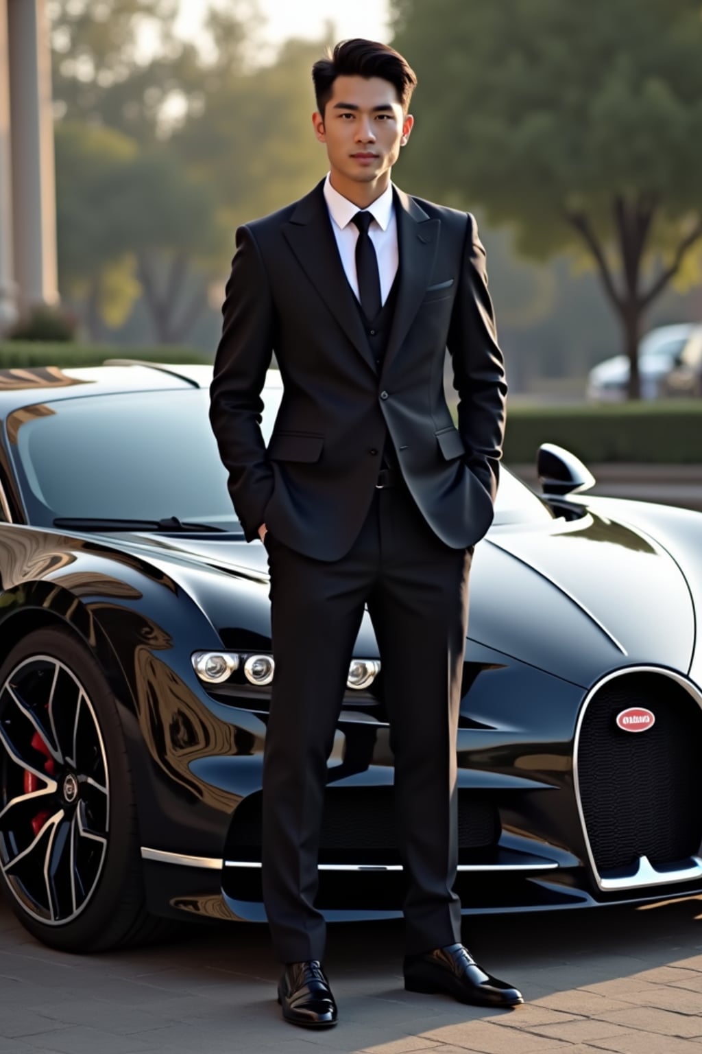 Full-body shot of a confident man standing next to a bugatti sports car. mans wears luxurious clothes