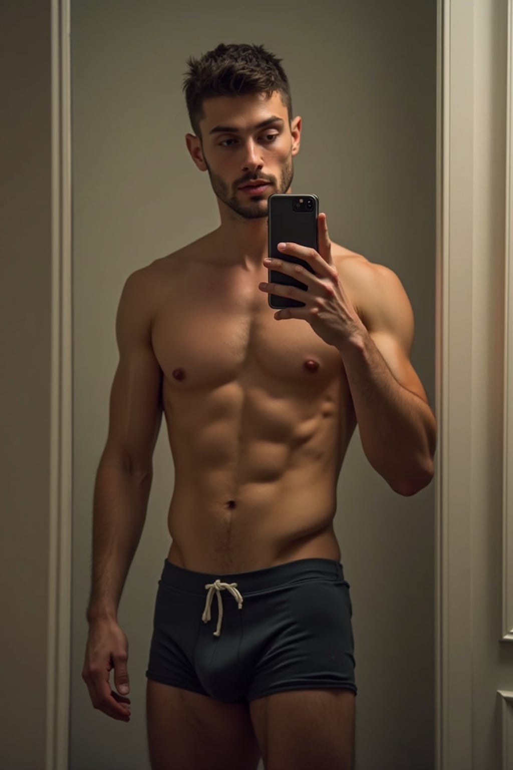 seductive man wearing  boxer shorts, doing mirror selfie, holding iPhone, full body, their reflection captured in a sultry pose. the photo emphasizes their exaggerated, idealized body shapes.