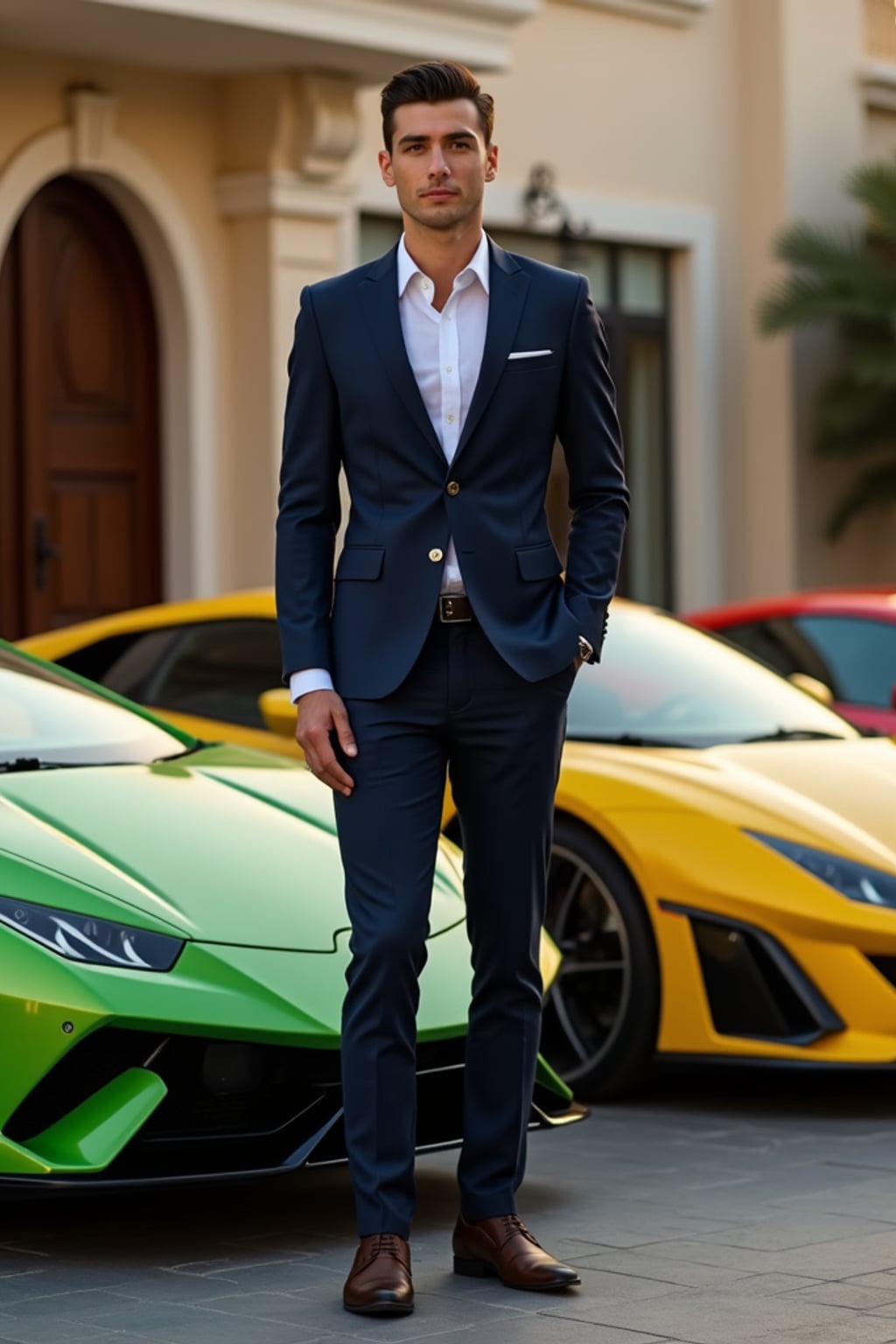 Full-body shot of of man standing next to a luxury car, wearing  a sophisticated navy blazer and tailored trousers. The background features a luxury design villa in Dubai with green, yellow and red sports cars. Vibrant lighting.