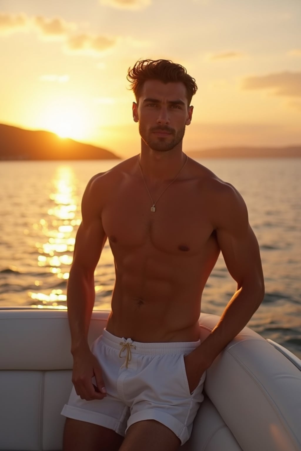 Full-body shot of man posing confidently, on a private yacht with the sunset in the background. Golden hour lighting.