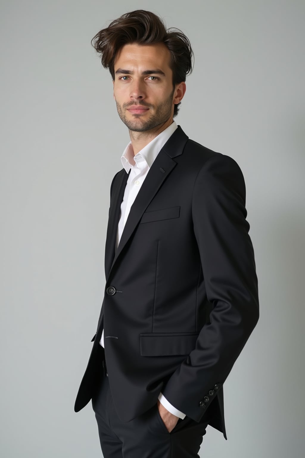 full body photo of man is looking directly at the camera and has styled her hair with volume and a slight wave. Wearing a  elegeant suit The background is a plain, light gray color, creating a minimalist setting.