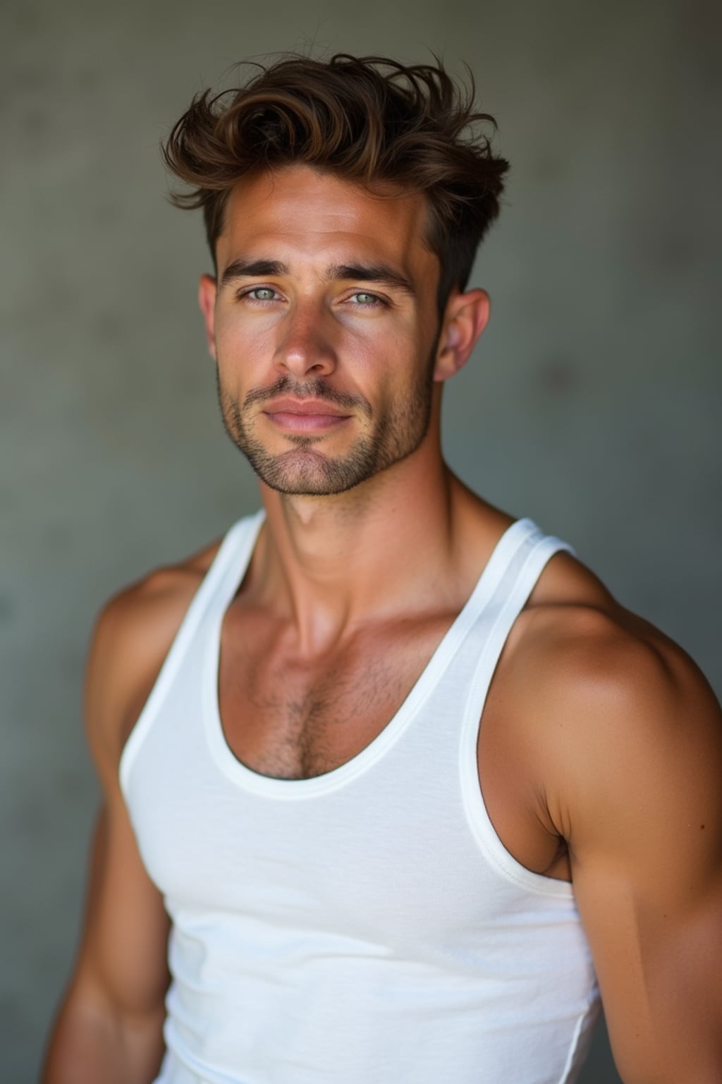 casual profile headshot photo of man for instagram. hasselblad photography. white tanktop.