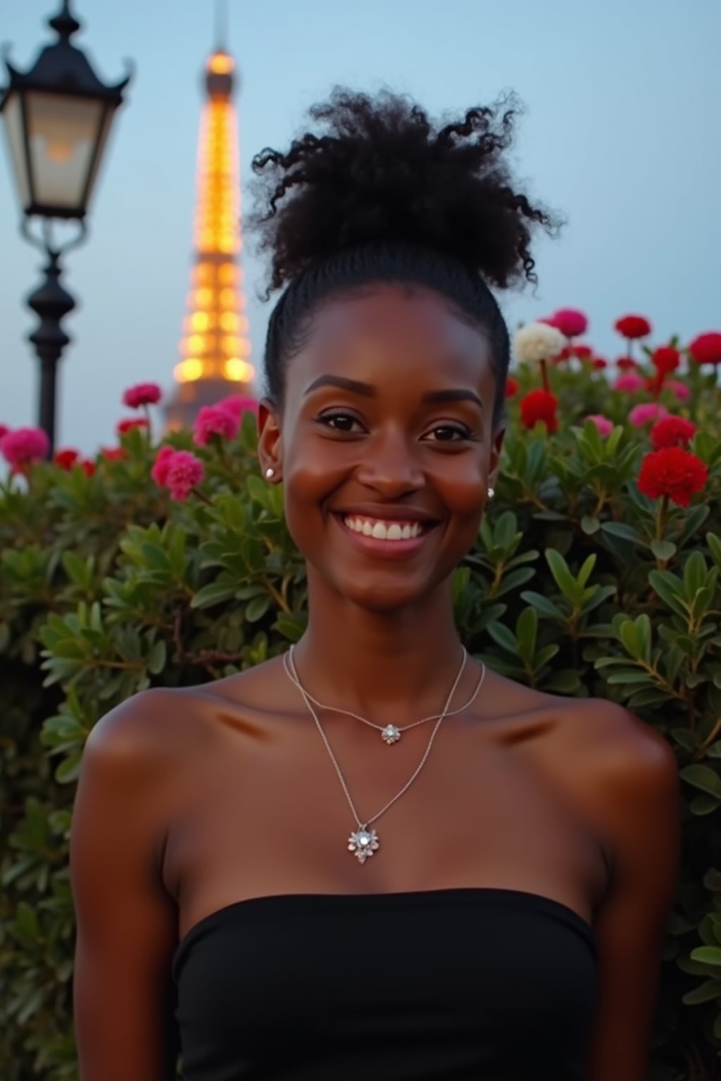 front view of woman wearing a strapless black top and a delicate necklace.  the woman is smiling and positioned in front of a lush green bush adorned with red and white flowers. in the background, there is a lit-up eiffel tower and a classic lamp post against a clear evening sky.
