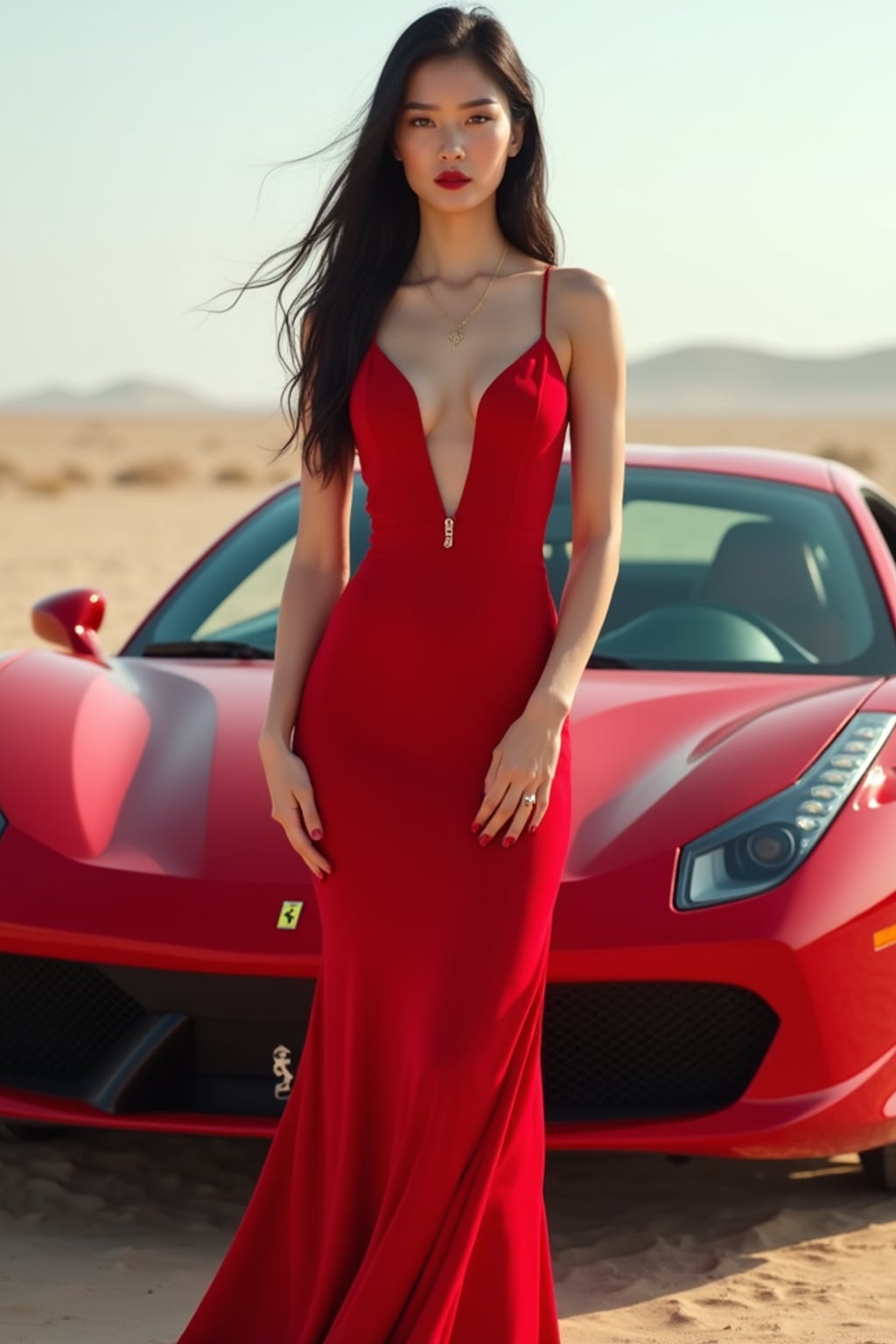 full-body shot of a confident woman standing next to a red luxury ferrari sports car in a desert setting.