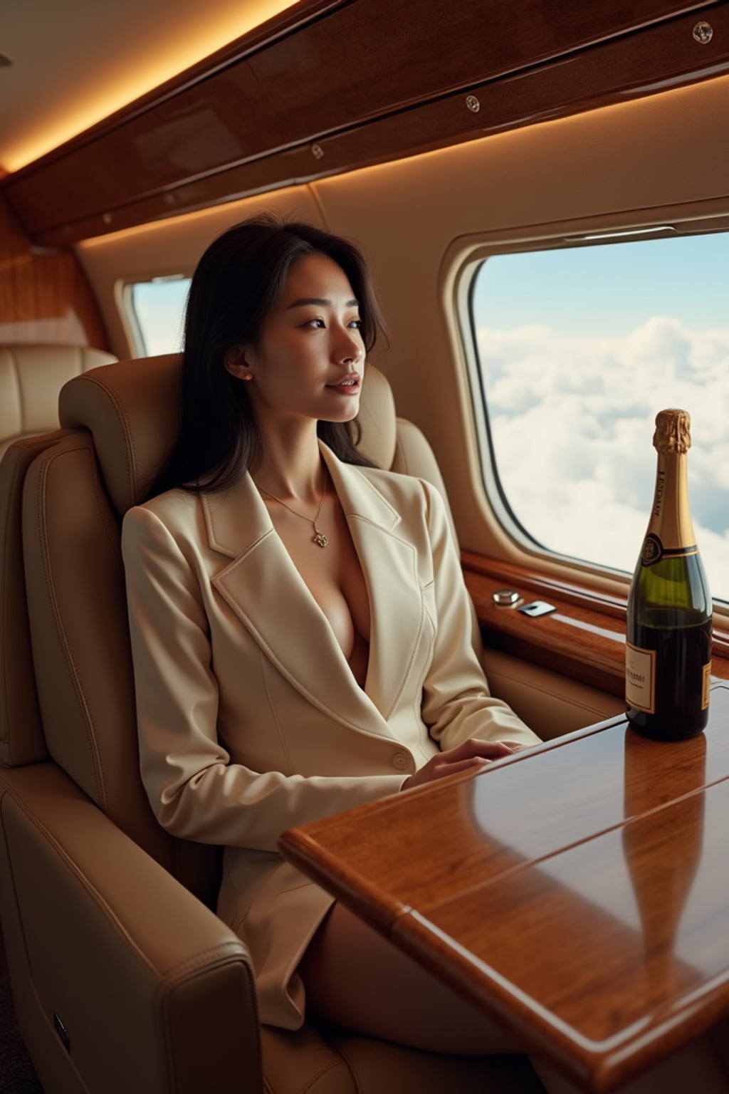 beautiful influencer instagram woman wearing elegant clothes sitting in private jet cabin, with leather interior, luxurious. champagne is on the table. outside is clouds because we are flying.