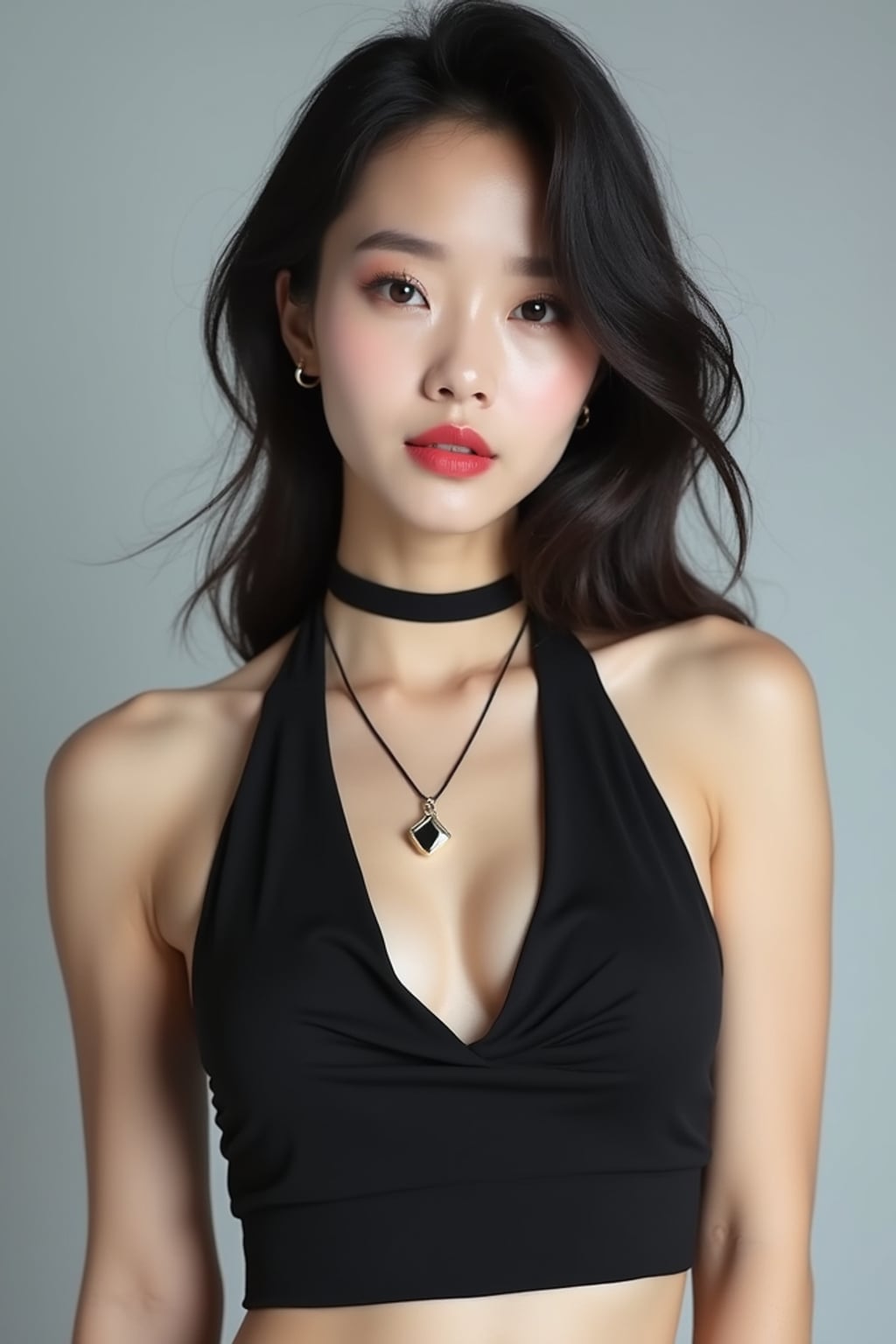 full body photo of woman is looking directly at the camera and has styled her hair with volume and a slight wave. Wearing a black halter-style crop top and a black choker necklace with a small pendant.  The background is a plain, light gray color, creating a minimalist setting.