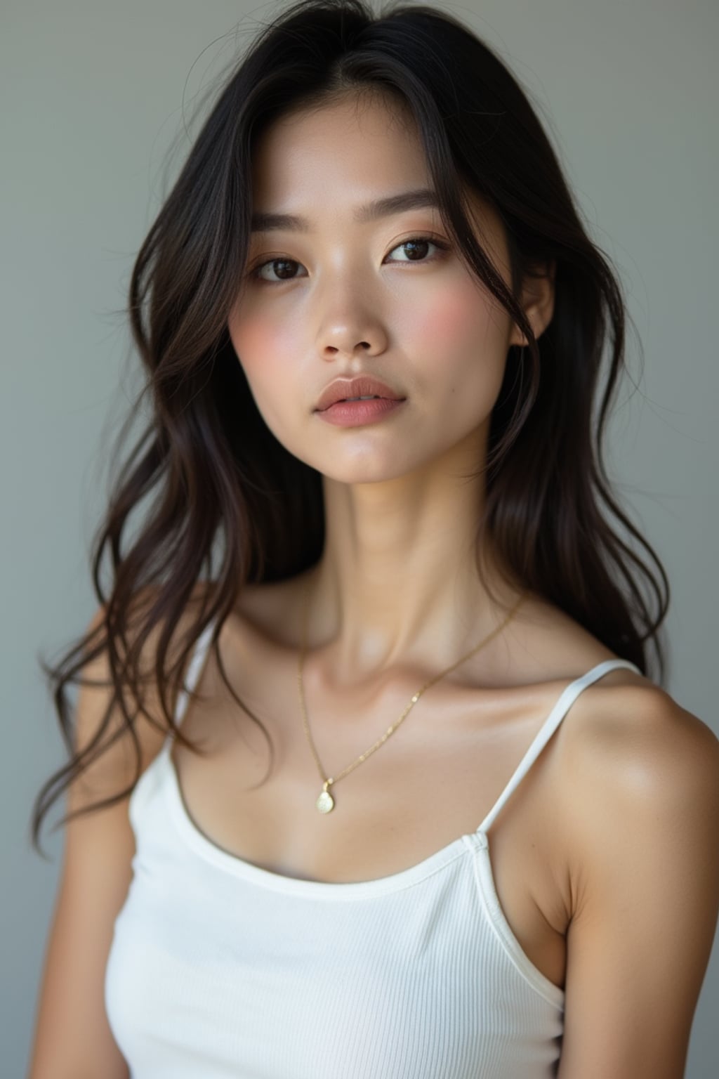 casual profile headshot photo of woman for instagram. hasselblad photography. white tanktop.