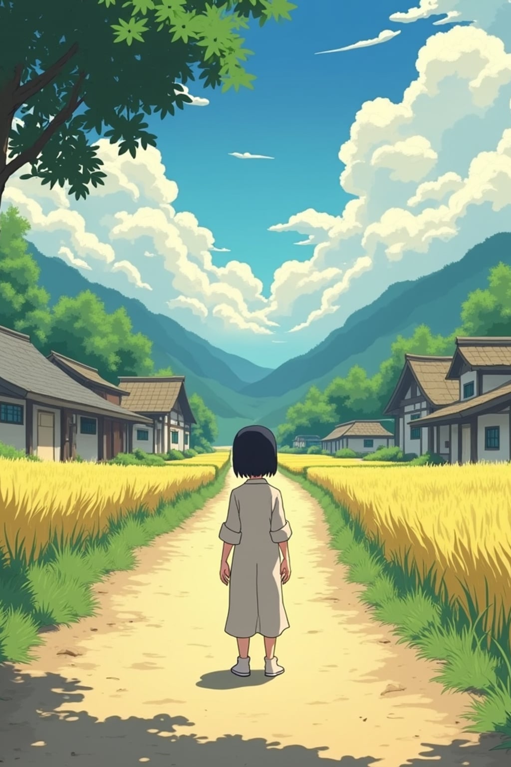 A serene line art anime-style scene in a Japanese countryside. The path winds between traditional wooden houses and rice fields, with fluffy white clouds drifting overhead. Magical dust spirits dance in the warm sunlight that filters through the trees. In the foreground, a gentle character stands thoughtfully, wearing  light countryside clothes with rolled-up sleeves. The character has a kind expression, watching the spirits play. The scene captures the peaceful magic of everyday life, painted in soft, warm colors typical of Studio line art anime.