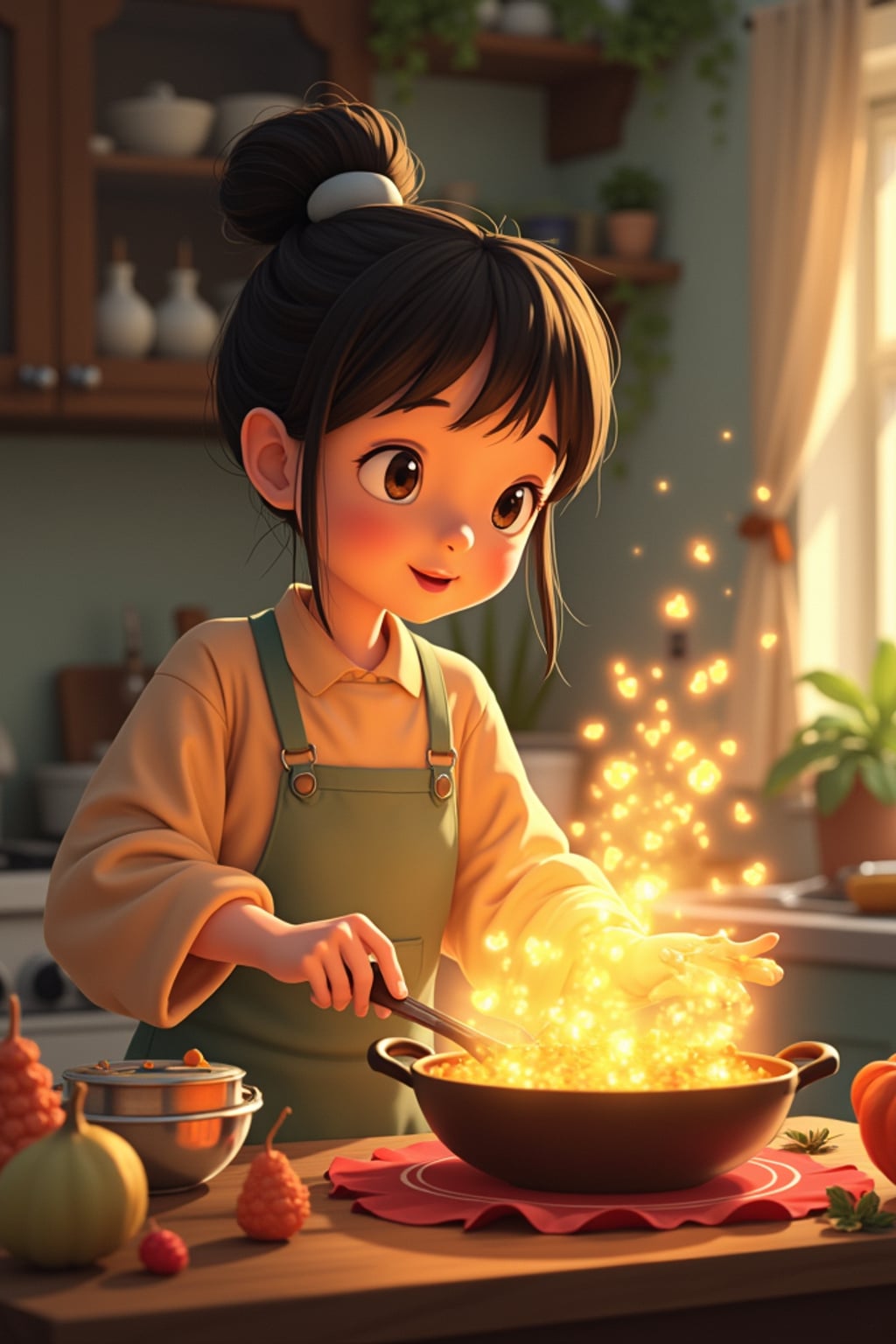 A heartwarming line art anime-inspired portrait in a cozy kitchen, wearing  comfortable home clothes, cooking magical food that glows and floats. The kitchen is filled with animated cooking tools and helpful spirits. The style is warm like a line art anime film.