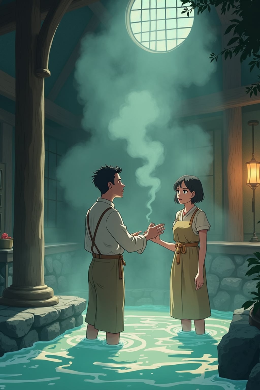 A line art anime-style scene at a mystical bathhouse, the character wearing  simple bathhouse worker clothes, helping spirit customers. Steam and magic fill the air. The style is enchanting like a line art anime film.