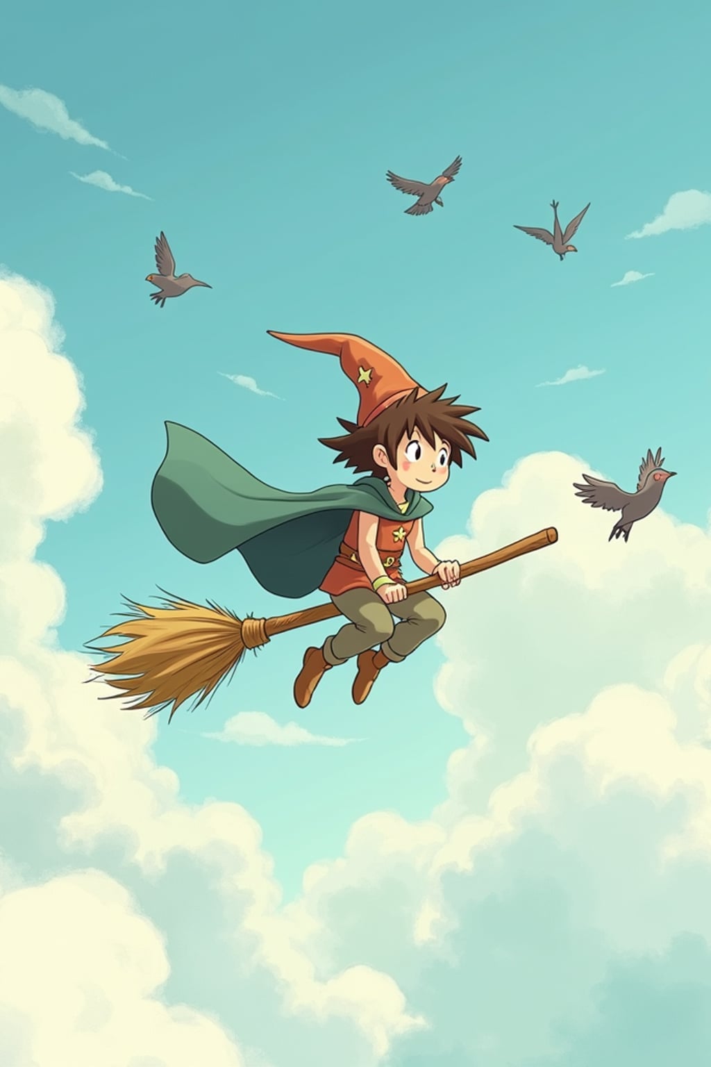 A line art anime-style scene of a character flying through clouds on a magical broomstick, wearing  an apprentice wizard outfit with a cape, surrounded by friendly birds. The sky is painted in soft watercolors. The style is magical like a line art anime film.