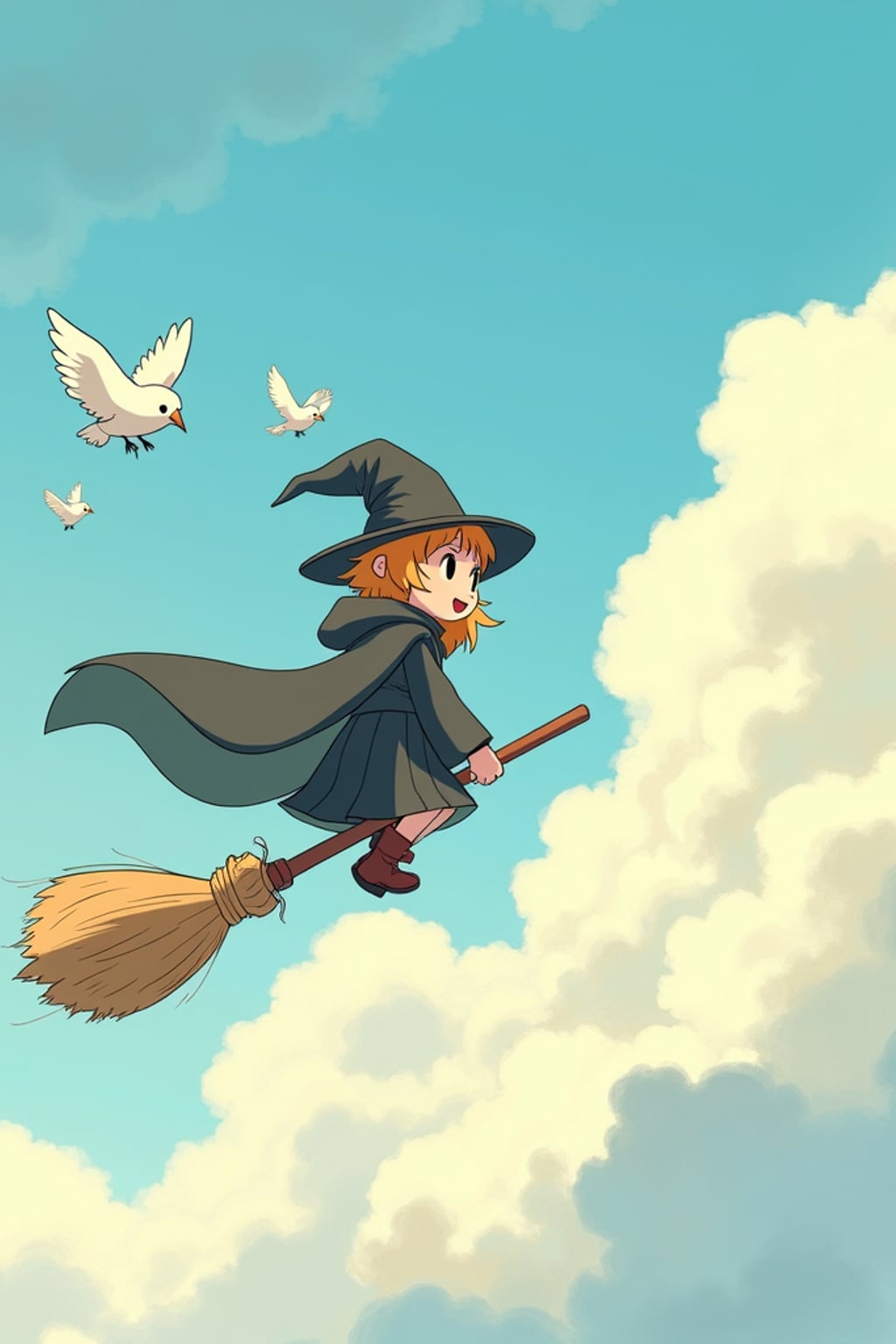 A line art anime-style scene of a character flying through clouds on a magical broomstick, wearing  an apprentice wizard outfit with a cape, surrounded by friendly birds. The sky is painted in soft watercolors. The style is magical like a line art anime film.