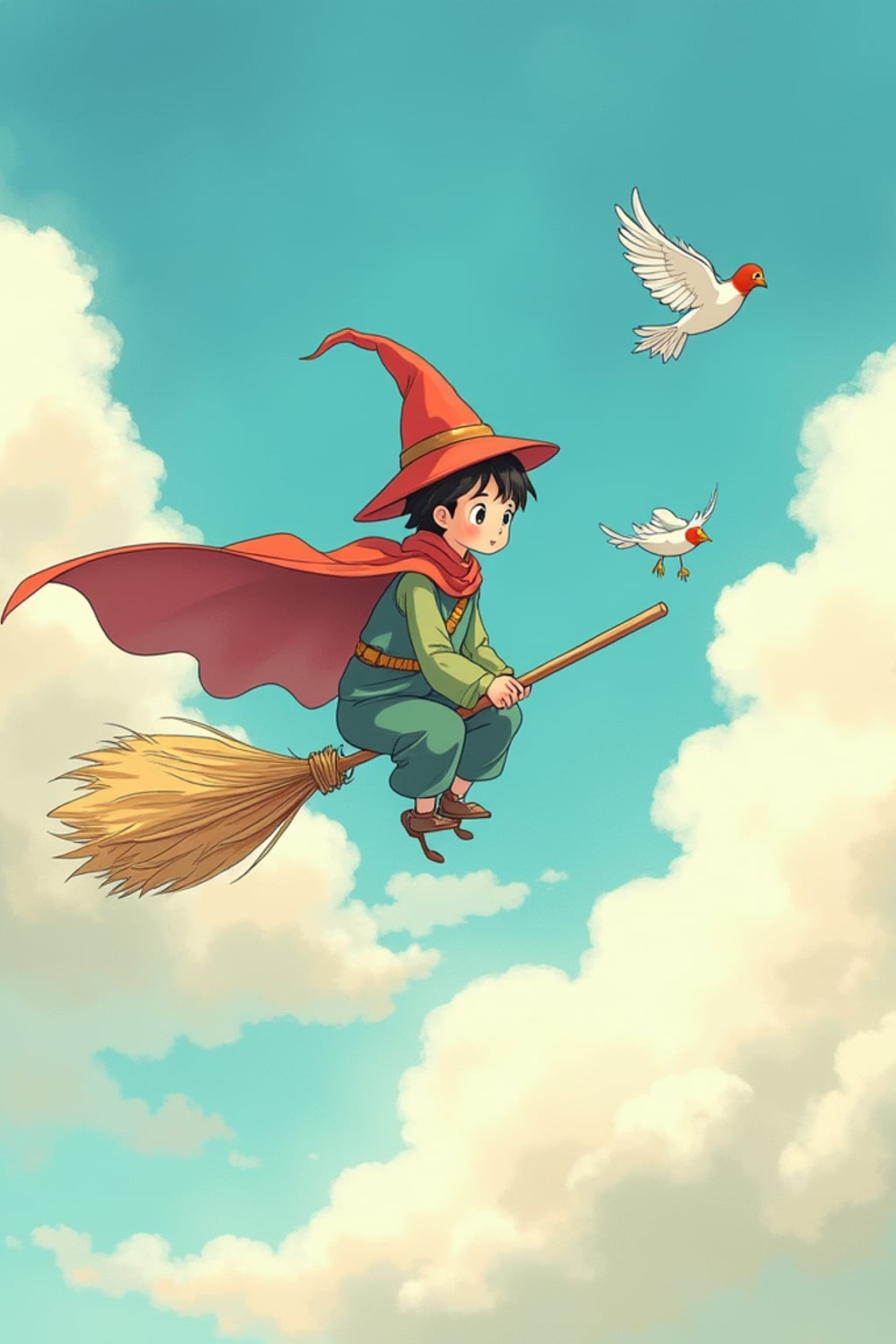 A line art anime-style scene of a character flying through clouds on a magical broomstick, wearing  an apprentice wizard outfit with a cape, surrounded by friendly birds. The sky is painted in soft watercolors. The style is magical like a line art anime film.