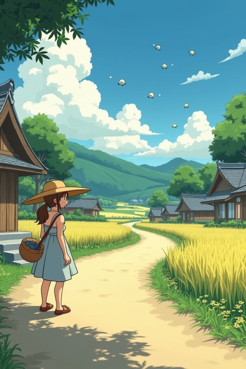 A serene line art anime-style scene in a Japanese countryside. The path winds between traditional wooden houses and rice fields, with fluffy white clouds drifting overhead. Magical dust spirits dance in the warm sunlight that filters through the trees. In the foreground, a gentle character stands thoughtfully, wearing a simple summer dress with a straw hat and carrying a basket . The character has a kind expression, watching the spirits play. The scene captures the peaceful magic of everyday life, painted in soft, warm colors typical of Studio line art anime.