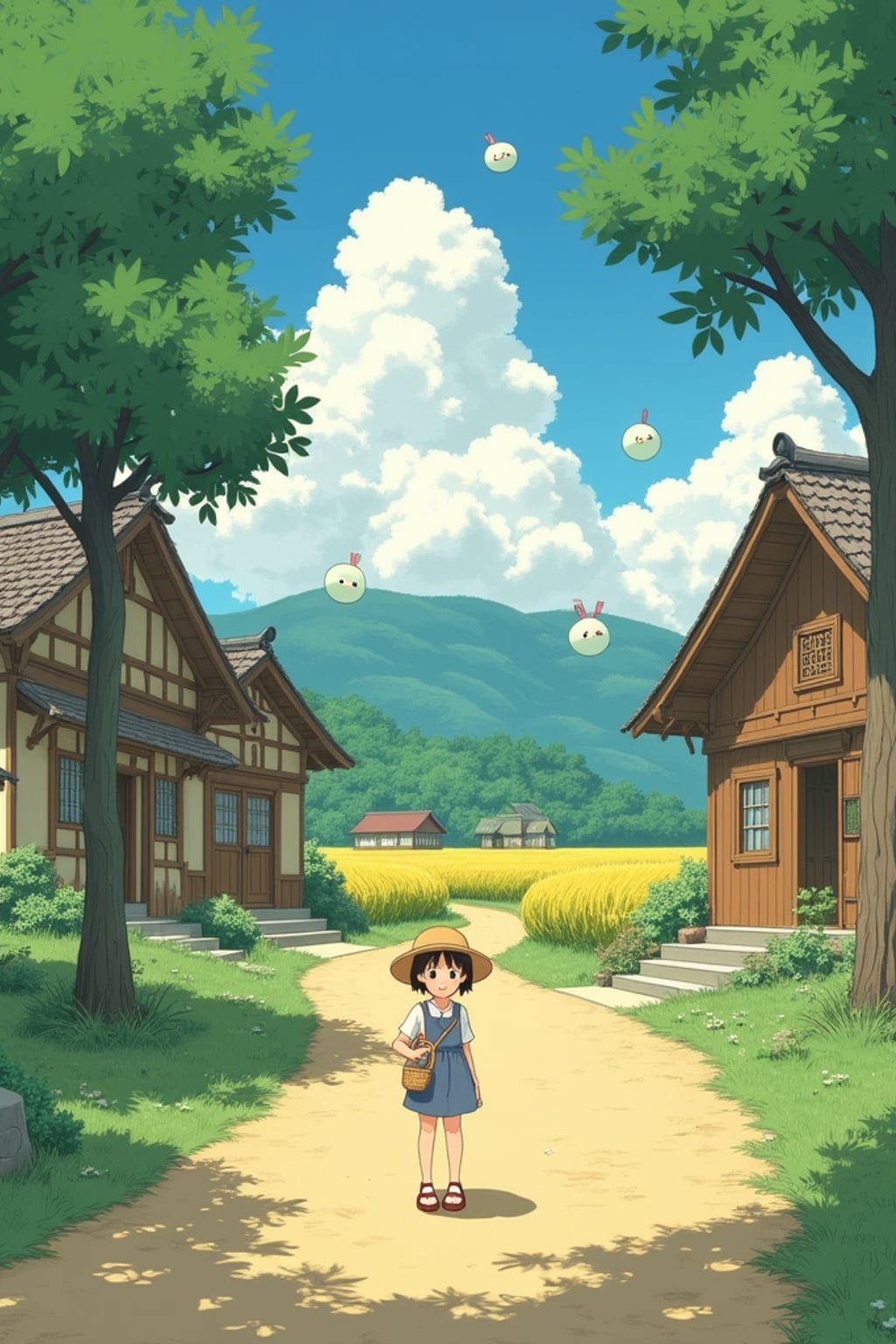 A serene line art anime-style scene in a Japanese countryside. The path winds between traditional wooden houses and rice fields, with fluffy white clouds drifting overhead. Magical dust spirits dance in the warm sunlight that filters through the trees. In the foreground, a gentle character stands thoughtfully, wearing a simple summer dress with a straw hat and carrying a basket . The character has a kind expression, watching the spirits play. The scene captures the peaceful magic of everyday life, painted in soft, warm colors typical of Studio line art anime.