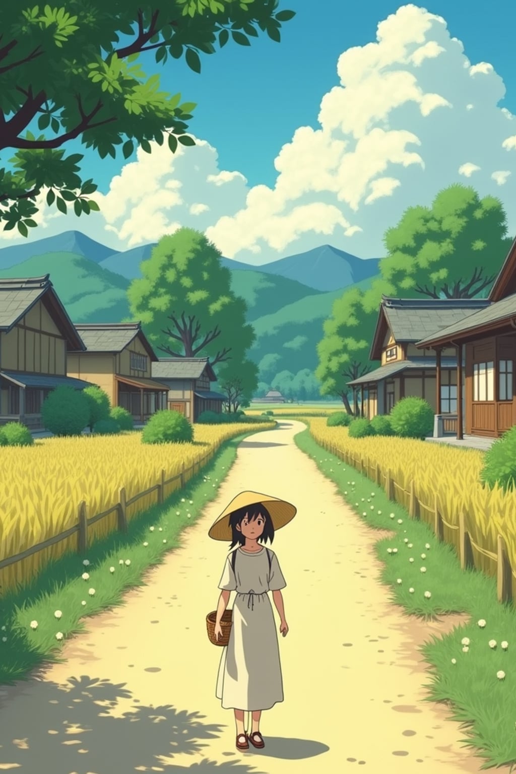 A serene line art anime-style scene in a Japanese countryside. The path winds between traditional wooden houses and rice fields, with fluffy white clouds drifting overhead. Magical dust spirits dance in the warm sunlight that filters through the trees. In the foreground, a gentle character stands thoughtfully, wearing a simple summer dress with a straw hat and carrying a basket . The character has a kind expression, watching the spirits play. The scene captures the peaceful magic of everyday life, painted in soft, warm colors typical of Studio line art anime.