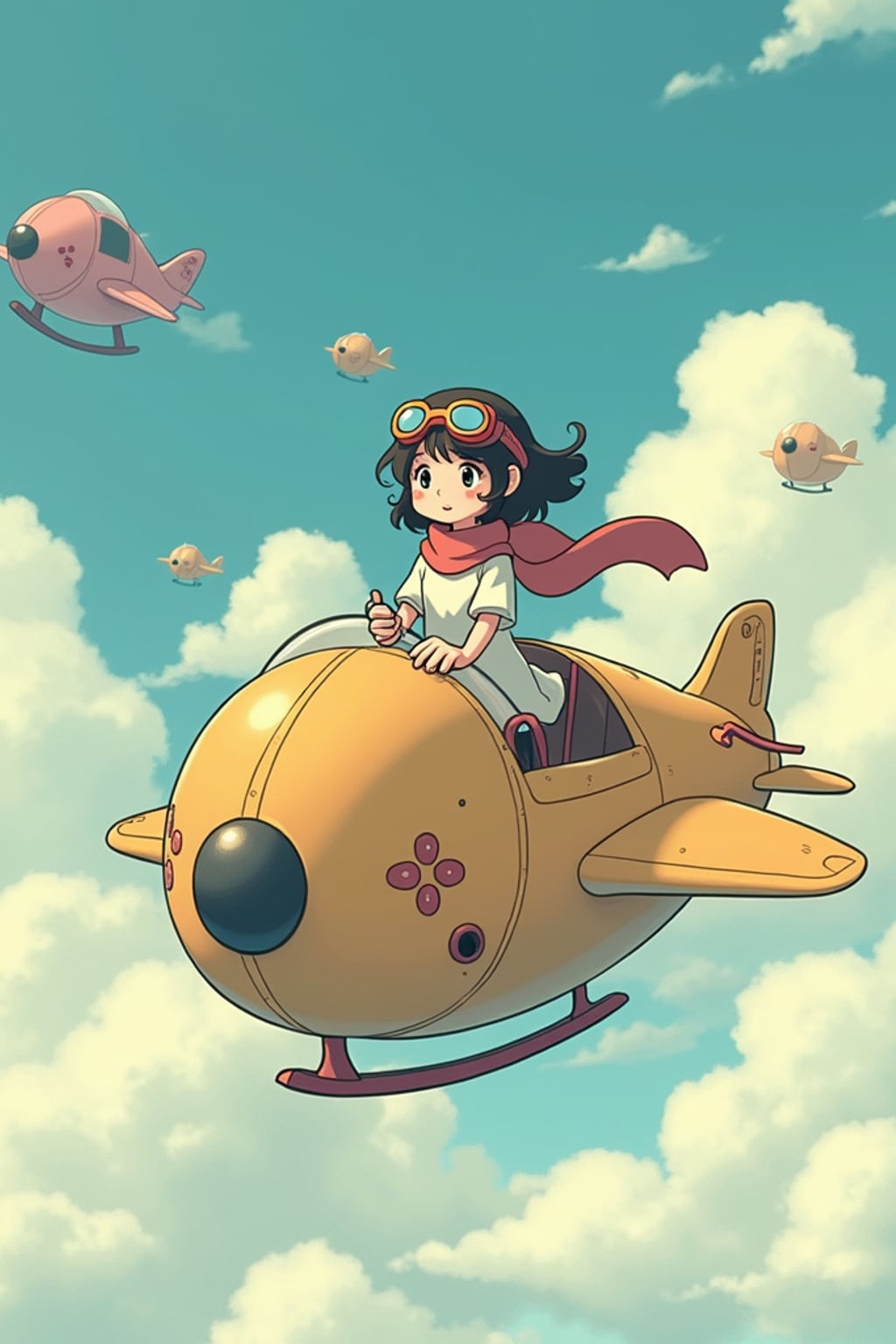 A gentle line art anime-inspired portrait aboard a flying machine, the character wearing a simple dress with goggles and a scarf , soaring through clouds. The sky is filled with fantastic flying contraptions. The style is adventurous like a line art anime film.