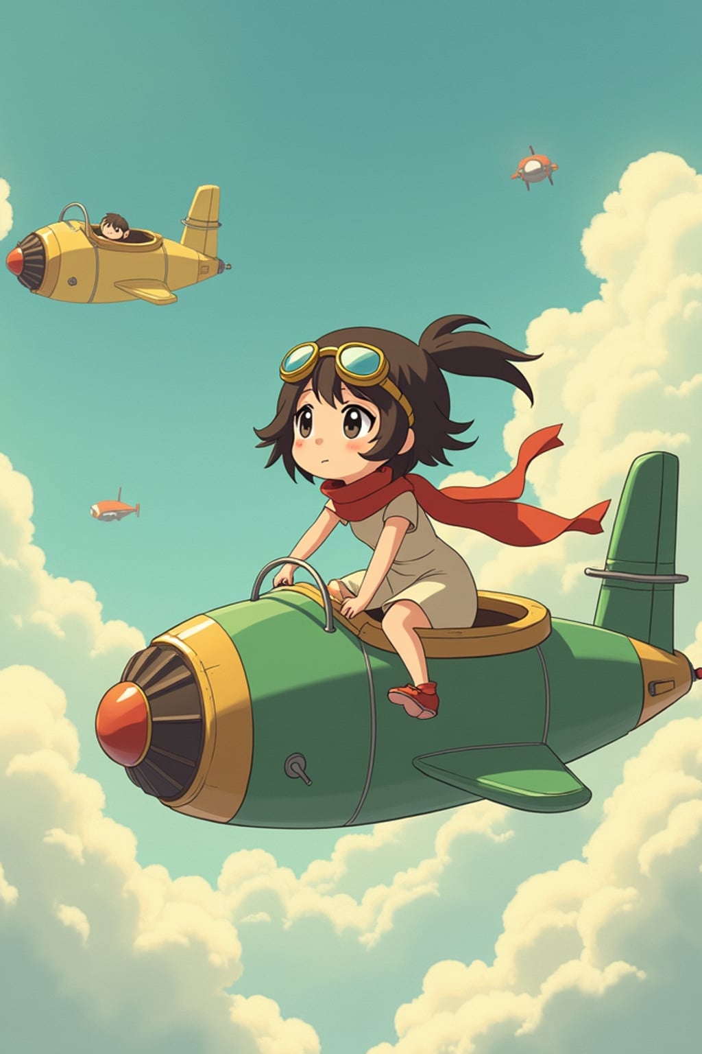 A gentle line art anime-inspired portrait aboard a flying machine, the character wearing a simple dress with goggles and a scarf , soaring through clouds. The sky is filled with fantastic flying contraptions. The style is adventurous like a line art anime film.