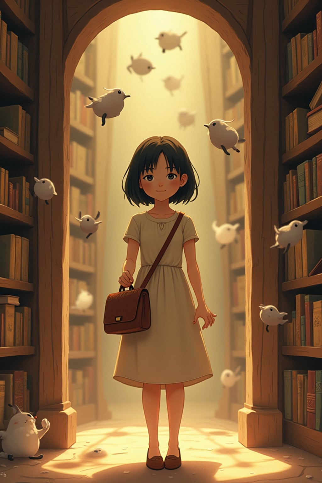 A cozy line art anime-inspired portrait in a magical library, the character wearing a simple dress with a book bag , surrounded by floating books and dust spirits. The library has endless shelves and warm lighting. The style is warm like a line art anime film.