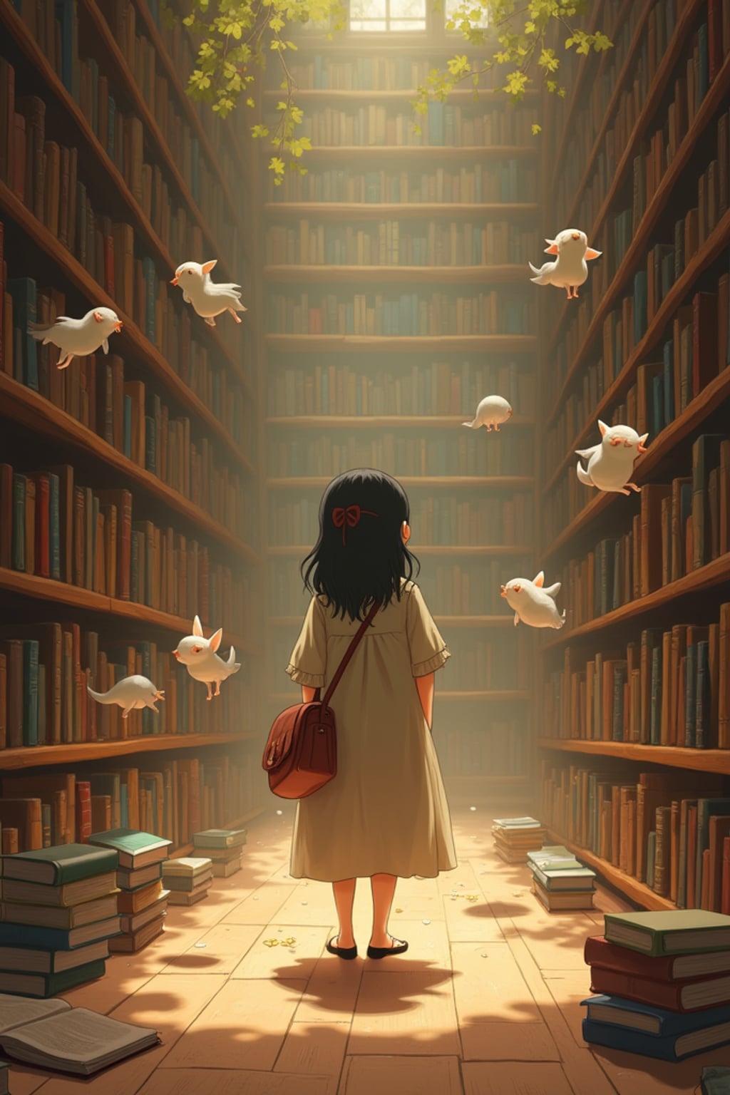 A cozy line art anime-inspired portrait in a magical library, the character wearing a simple dress with a book bag , surrounded by floating books and dust spirits. The library has endless shelves and warm lighting. The style is warm like a line art anime film.