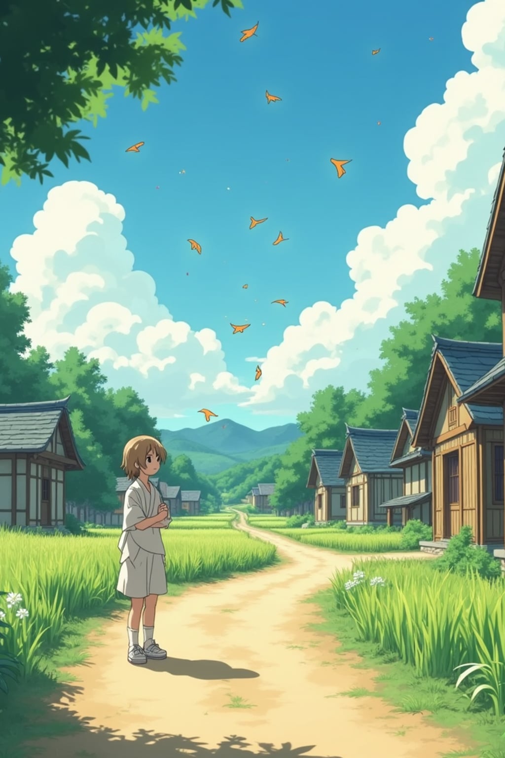 A serene line art anime-style anime scene in a Japanese countryside. The path winds between traditional wooden houses and rice fields, with fluffy white clouds drifting overhead. Magical dust spirits dance in the warm sunlight that filters through the trees. In the foreground, a gentle character stands thoughtfully, wearing  light countryside clothes with rolled-up sleeves. The character has a kind expression, watching the spirits play. The scene captures the peaceful magic of everyday life, painted in soft, warm colors typical of Studio line art anime.