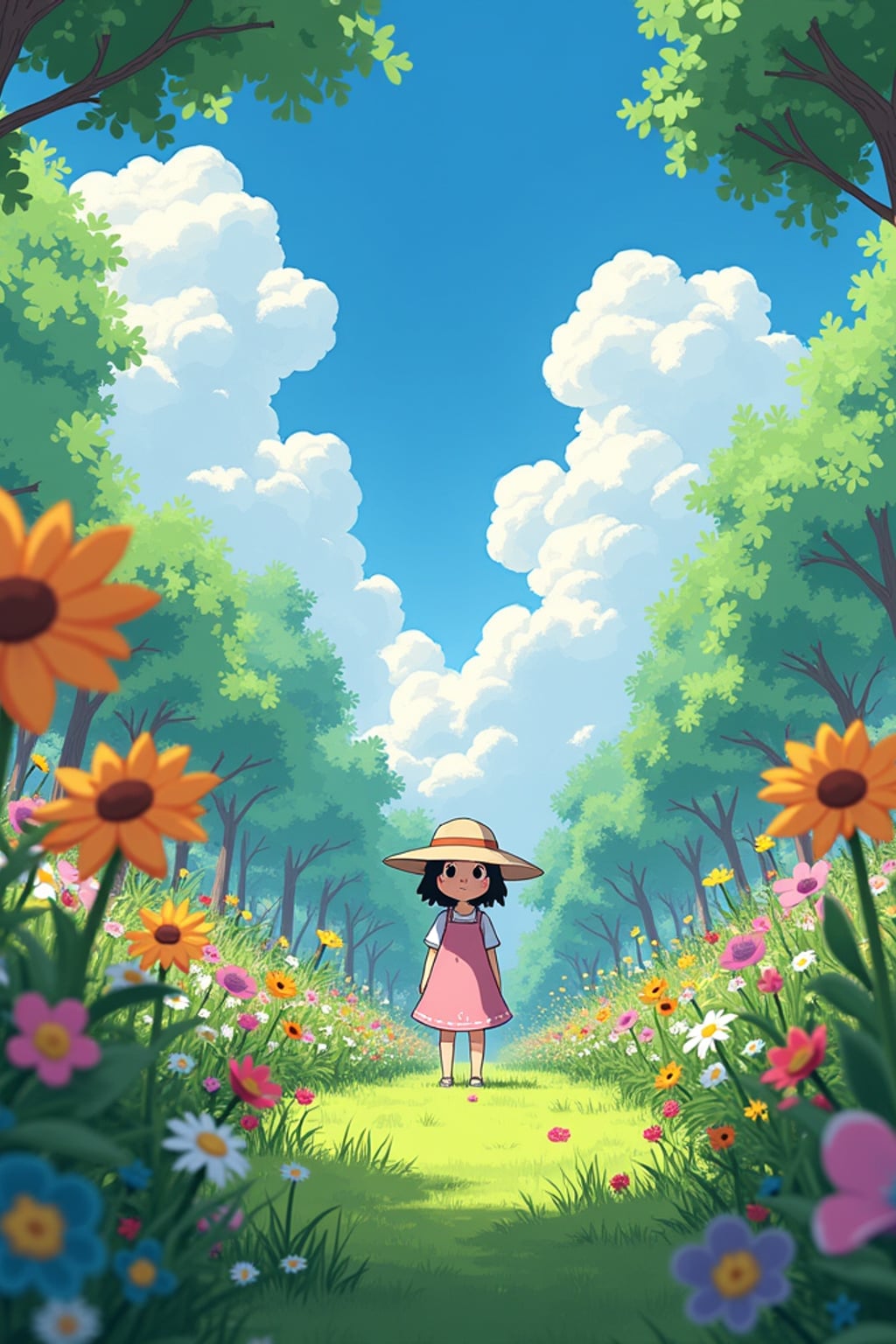A line art anime-style anime scene in a magical garden, the character wearing  light gardening clothes with a sunhat, surrounded by giant flowers and tiny garden spirits. The garden feels alive with magic. The style is peaceful like a line art anime film.