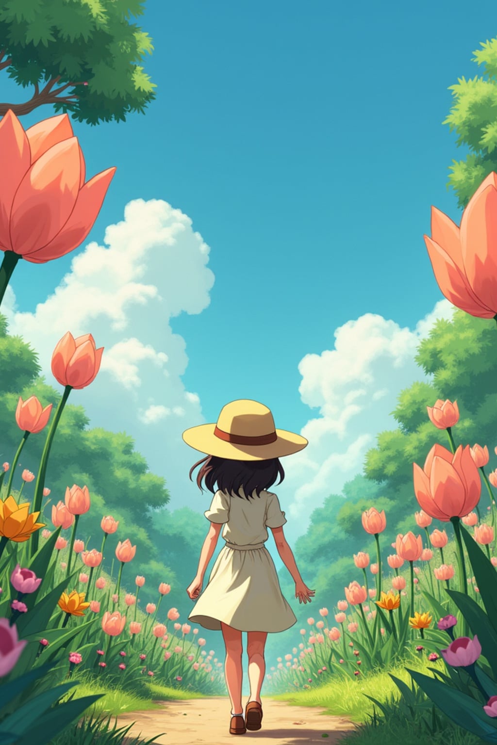 A line art anime-style anime scene in a magical garden, the character wearing  light gardening clothes with a sunhat, surrounded by giant flowers and tiny garden spirits. The garden feels alive with magic. The style is peaceful like a line art anime film.