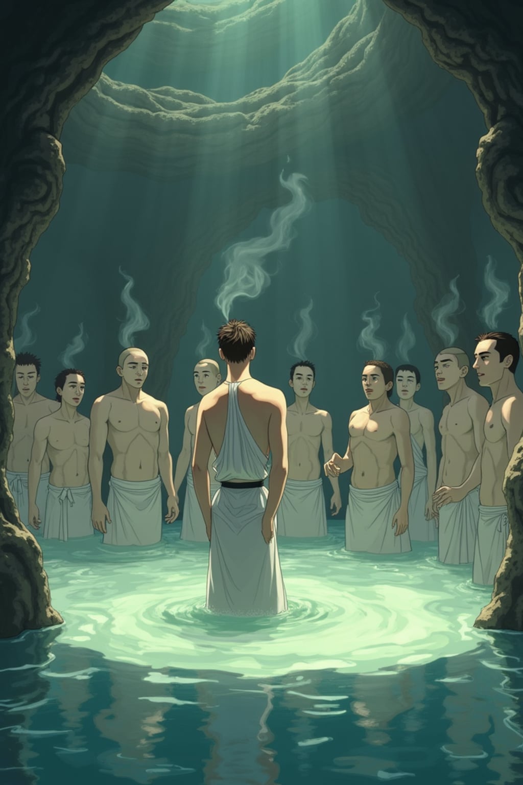 A line art anime-style anime scene at a mystical bathhouse, the character wearing  simple bathhouse worker clothes, helping spirit customers. Steam and magic fill the air. The style is enchanting like a line art anime film.