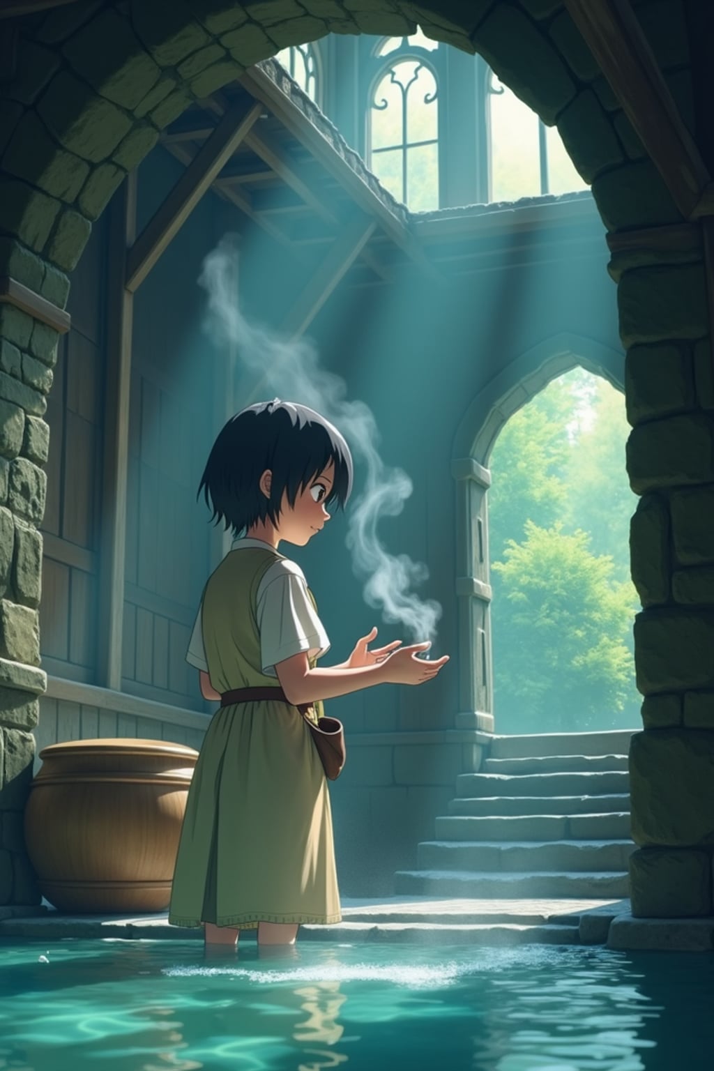A line art anime-style anime scene at a mystical bathhouse, the character wearing  simple bathhouse worker clothes, helping spirit customers. Steam and magic fill the air. The style is enchanting like a line art anime film.