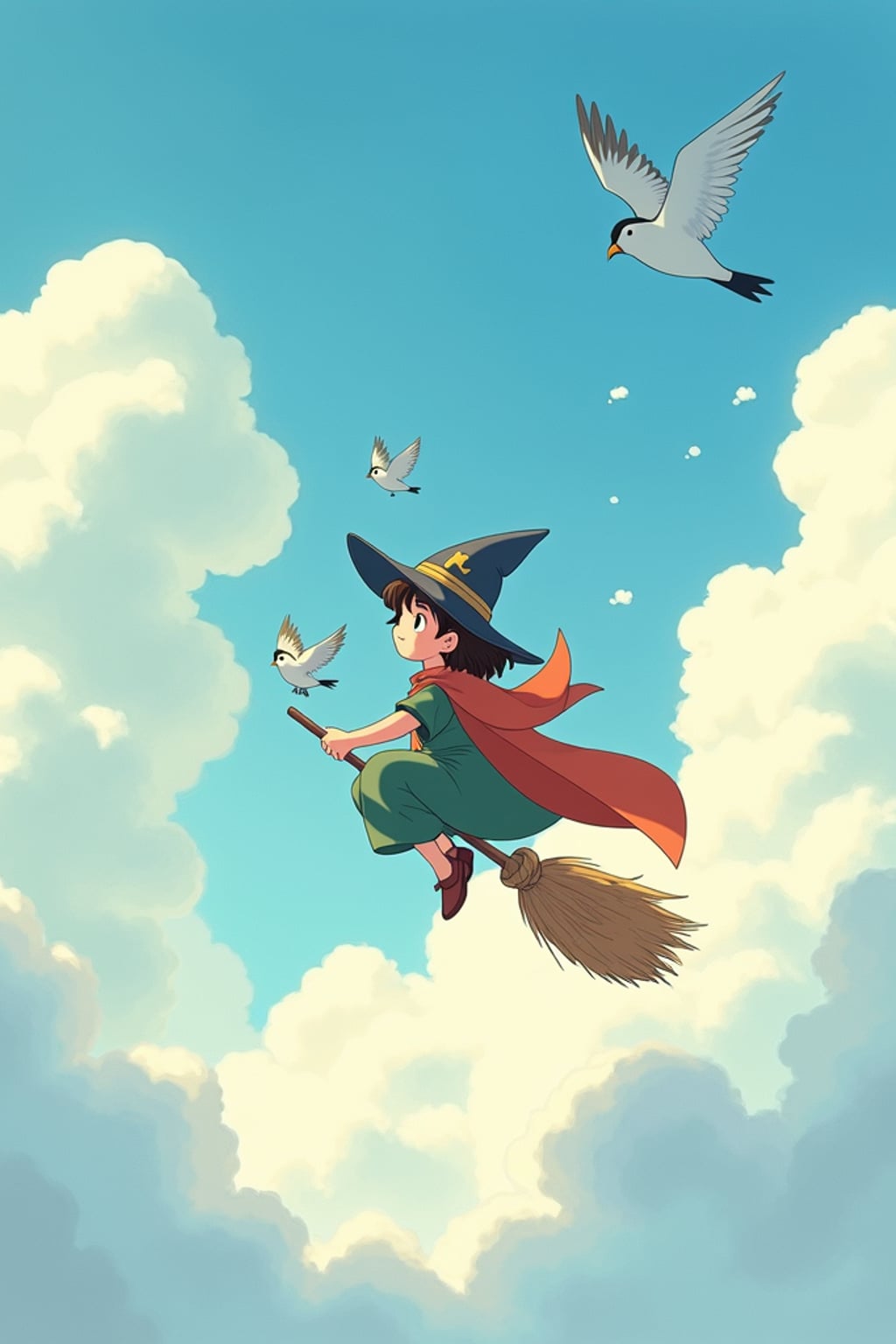 A line art anime-style anime scene of a character flying through clouds on a magical broomstick, wearing  an apprentice wizard outfit with a cape, surrounded by friendly birds. The sky is painted in soft watercolors. The style is magical like a line art anime film.
