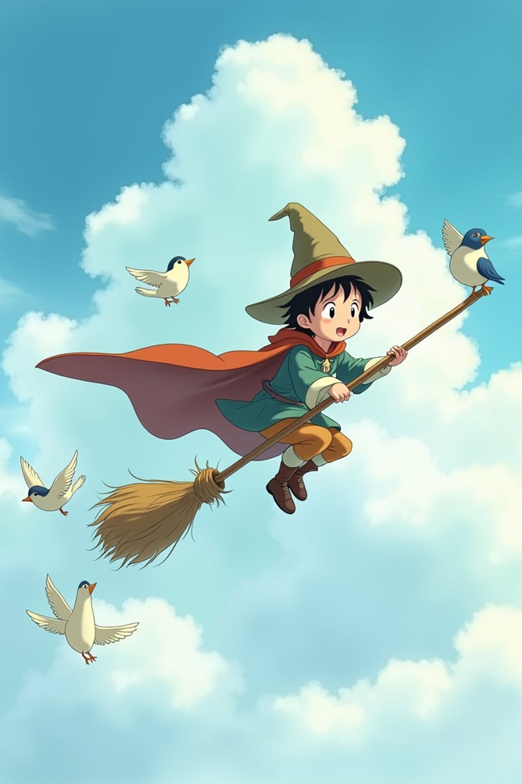 A line art anime-style anime scene of a character flying through clouds on a magical broomstick, wearing  an apprentice wizard outfit with a cape, surrounded by friendly birds. The sky is painted in soft watercolors. The style is magical like a line art anime film.