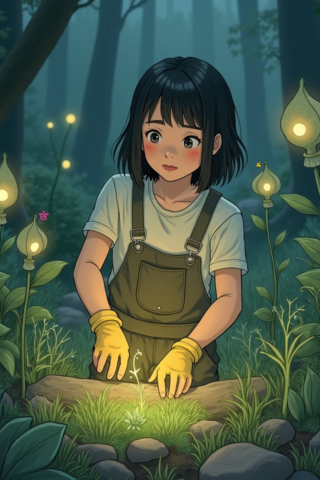 A peaceful line art anime-inspired portrait near a magical garden, the character wearing  simple work clothes with garden gloves, tending to mysterious glowing plants. The garden is filled with strange and wonderful creatures. The style is gentle like a line art anime film.
