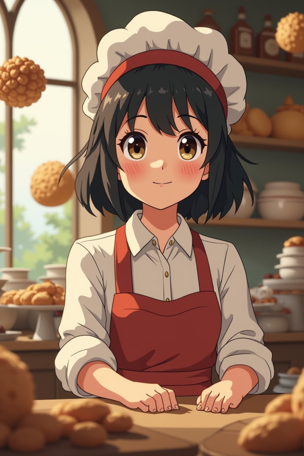 A line art anime-style anime character working in a magical bakery, wearing  a baker's uniform with rolled up sleeves. The bakery is filled with floating pastries and tiny soot sprites. The style is charming and whimsical like a line art anime film.