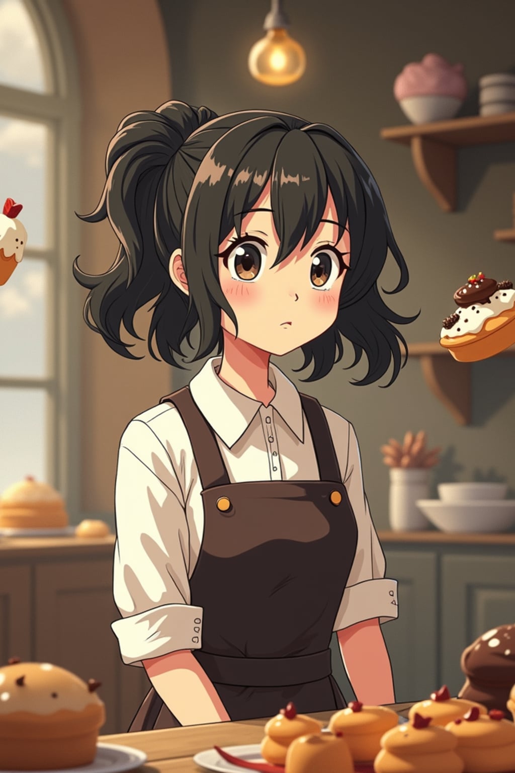 A line art anime-style anime character working in a magical bakery, wearing  a baker's uniform with rolled up sleeves. The bakery is filled with floating pastries and tiny soot sprites. The style is charming and whimsical like a line art anime film.
