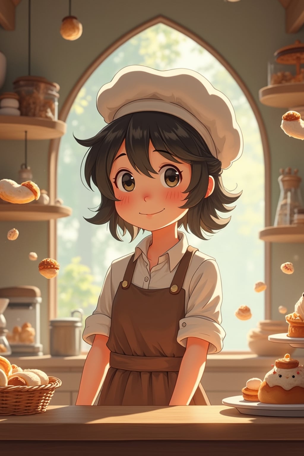 A line art anime-style anime character working in a magical bakery, wearing  a baker's uniform with rolled up sleeves. The bakery is filled with floating pastries and tiny soot sprites. The style is charming and whimsical like a line art anime film.