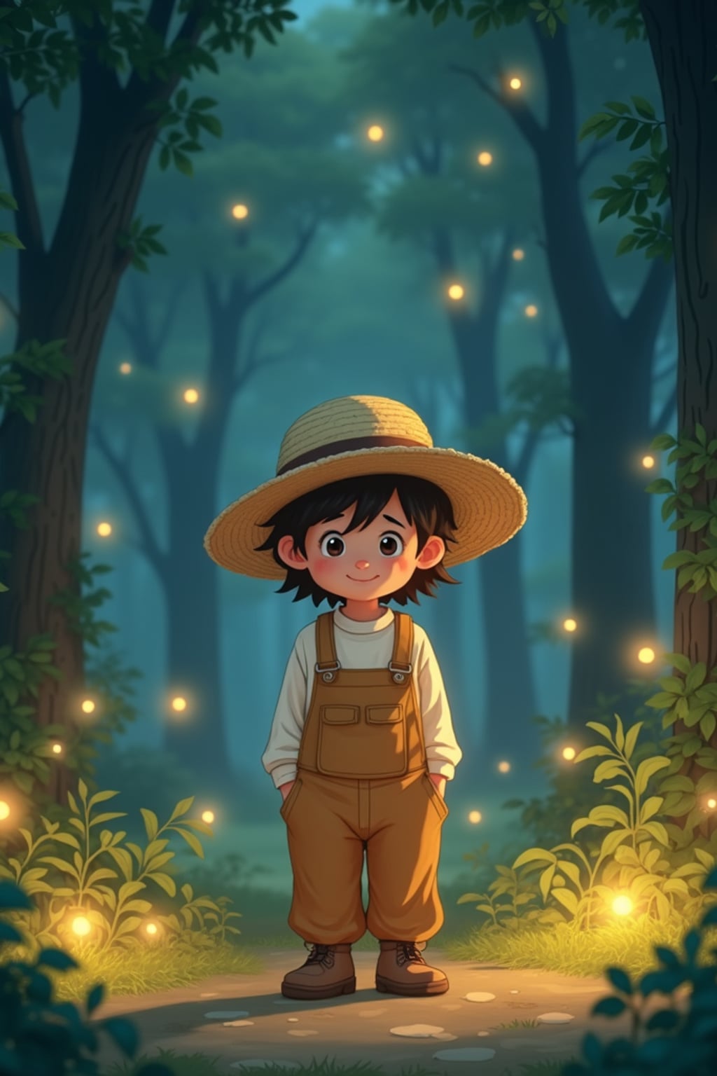 A cozy line art anime-inspired scene featuring a character in  comfortable overalls and a straw hat, surrounded by magical forest spirits and glowing fireflies. The background has a dreamy forest clearing. The style is gentle and magical like a line art anime film.