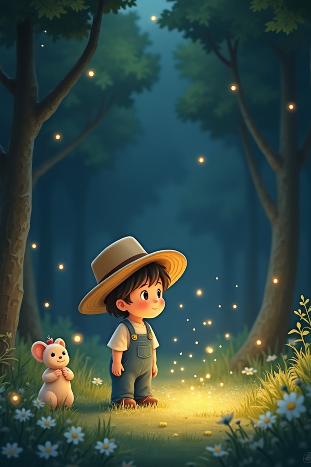A cozy line art anime-inspired scene featuring a character in  comfortable overalls and a straw hat, surrounded by magical forest spirits and glowing fireflies. The background has a dreamy forest clearing. The style is gentle and magical like a line art anime film.