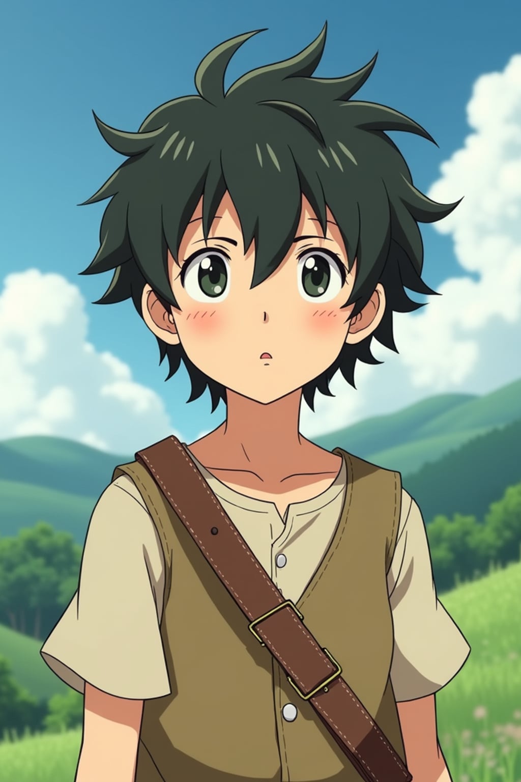 A line art anime-style anime portrait of a young adventurer, wearing  a simple but charming outfit with messy hair and kind eyes. The background shows a peaceful countryside with rolling hills and fluffy clouds. The style is soft and whimsical like a line art anime film.