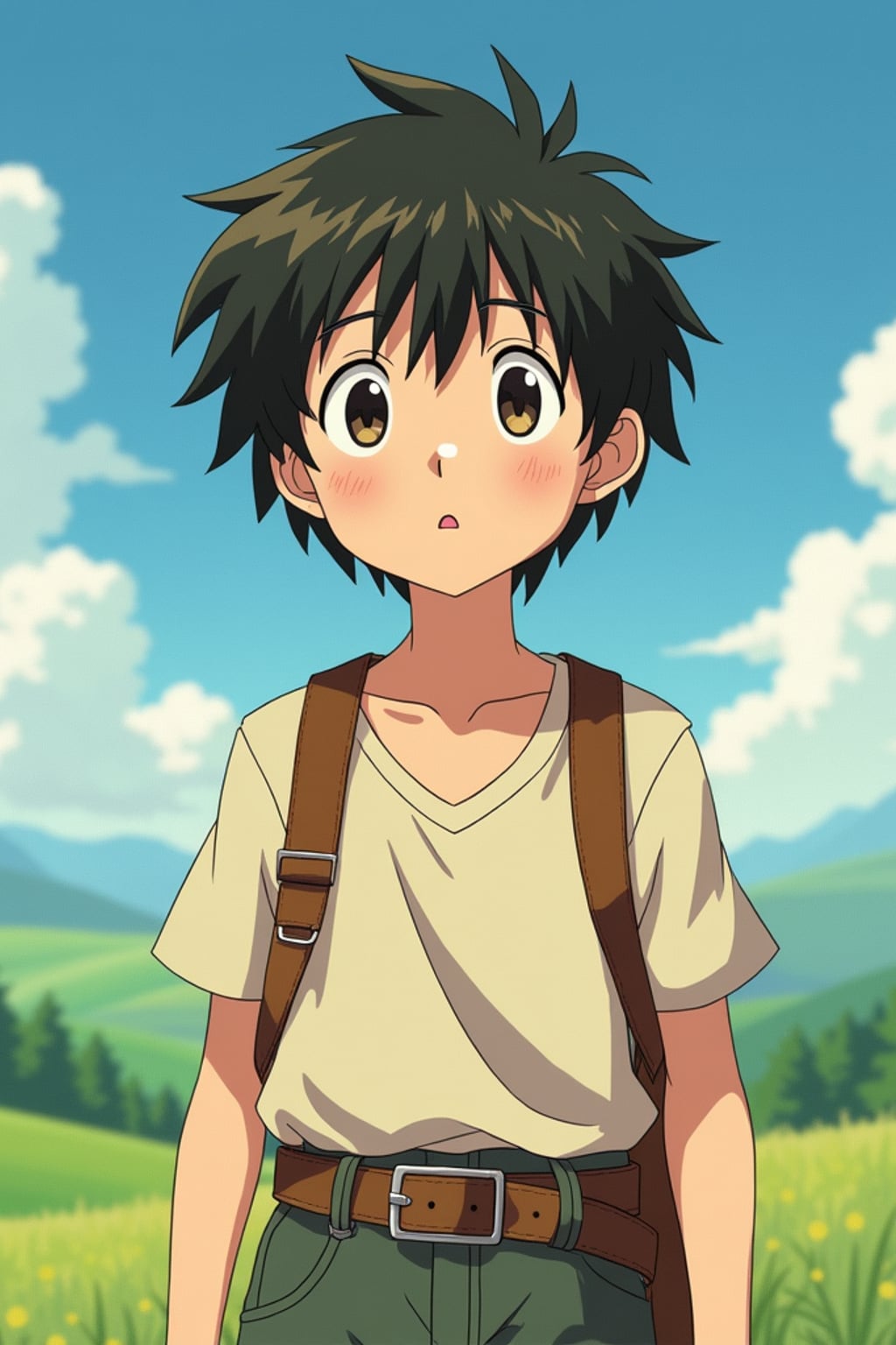 A line art anime-style anime portrait of a young adventurer, wearing  a simple but charming outfit with messy hair and kind eyes. The background shows a peaceful countryside with rolling hills and fluffy clouds. The style is soft and whimsical like a line art anime film.