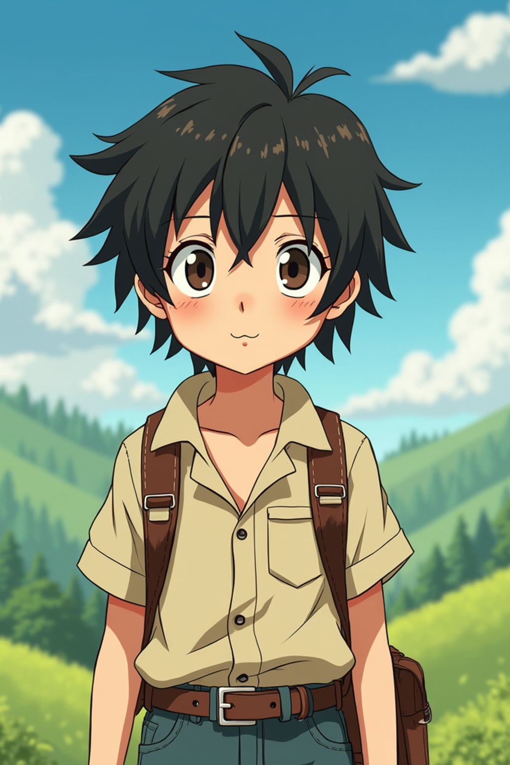 A line art anime-style anime portrait of a young adventurer, wearing  a simple but charming outfit with messy hair and kind eyes. The background shows a peaceful countryside with rolling hills and fluffy clouds. The style is soft and whimsical like a line art anime film.