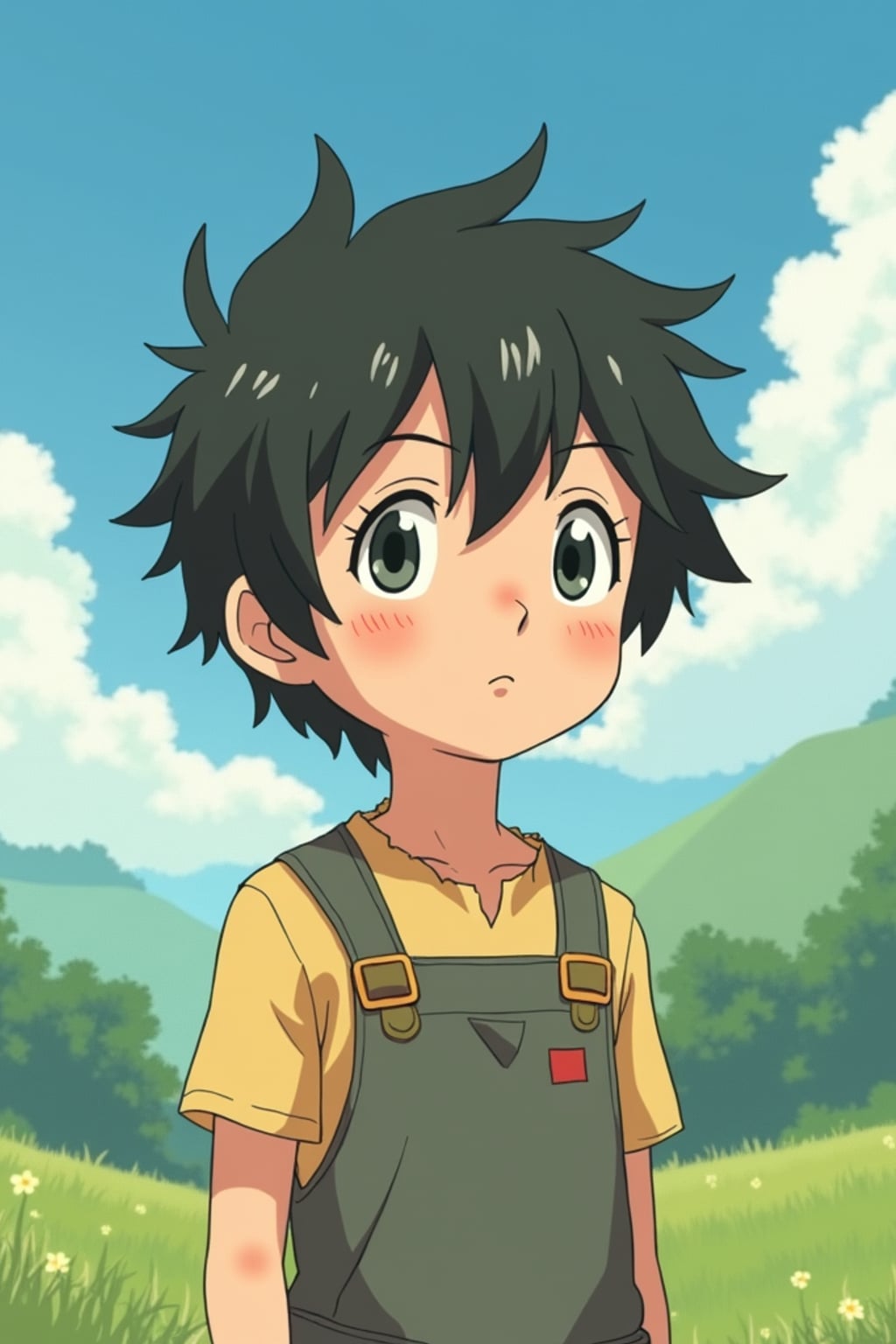 A line art anime-style anime portrait of a young adventurer, wearing  a simple but charming outfit with messy hair and kind eyes. The background shows a peaceful countryside with rolling hills and fluffy clouds. The style is soft and whimsical like a line art anime film.