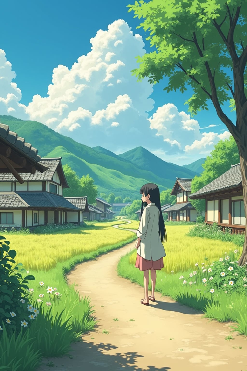 A serene line art anime-style anime scene in a Japanese countryside. The path winds between traditional wooden houses and rice fields, with fluffy white clouds drifting overhead. Magical dust spirits dance in the warm sunlight that filters through the trees. In the foreground, a gentle character stands thoughtfully, wearing  light countryside clothes with rolled-up sleeves. The character has a kind expression, watching the spirits play. The scene captures the peaceful magic of everyday life, painted in soft, warm colors typical of Studio line art anime.