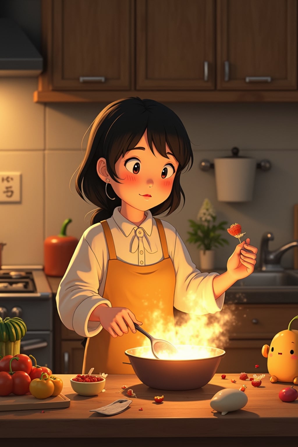 A heartwarming line art anime-inspired portrait in a cozy kitchen, wearing  comfortable home clothes, cooking magical food that glows and floats. The kitchen is filled with animated cooking tools and helpful spirits. The style is warm like a line art anime film.